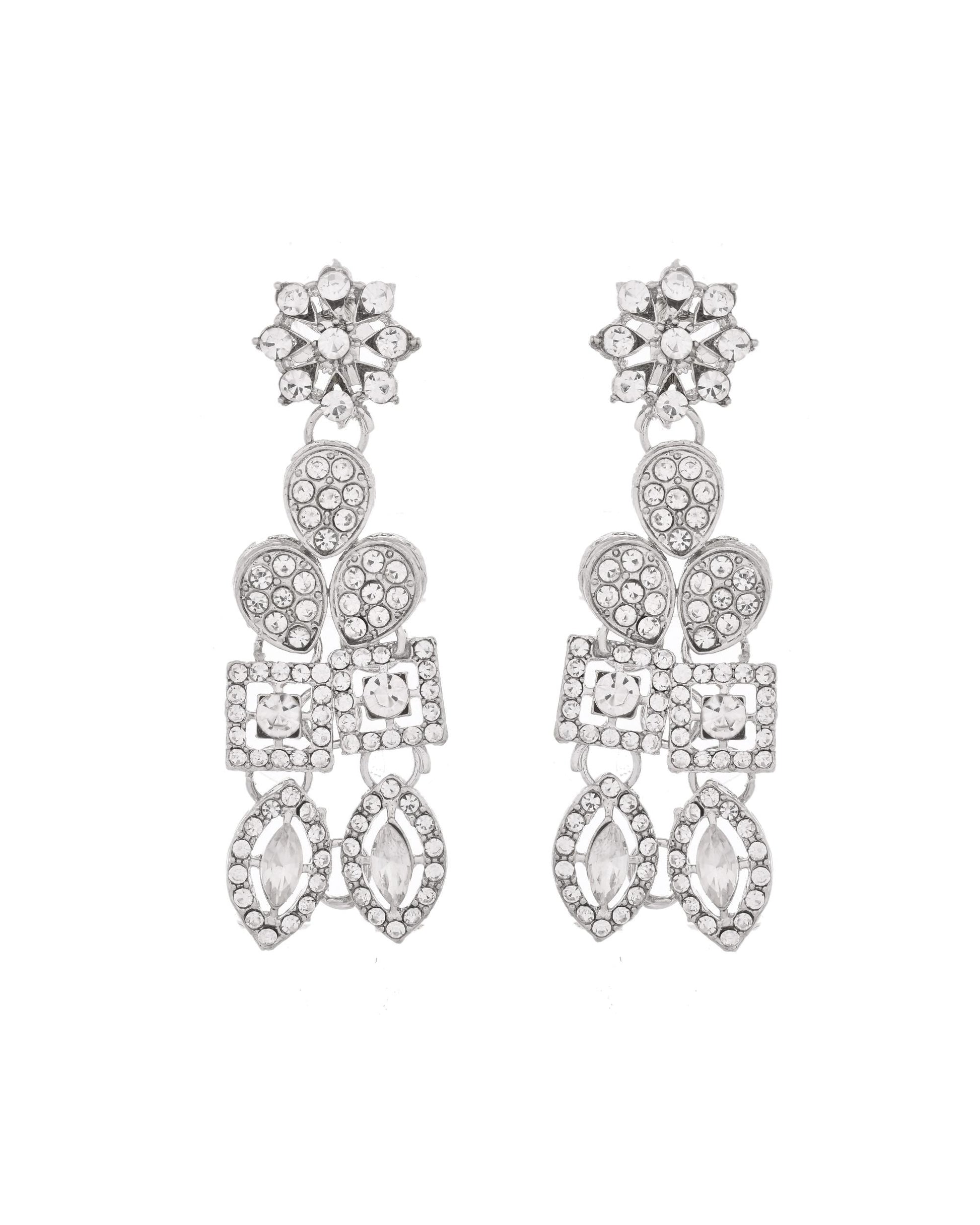 VOJ Silver-Plated AD Stone Studded Necklace With Earrings And Maang Tikka Set - Swadesiicart