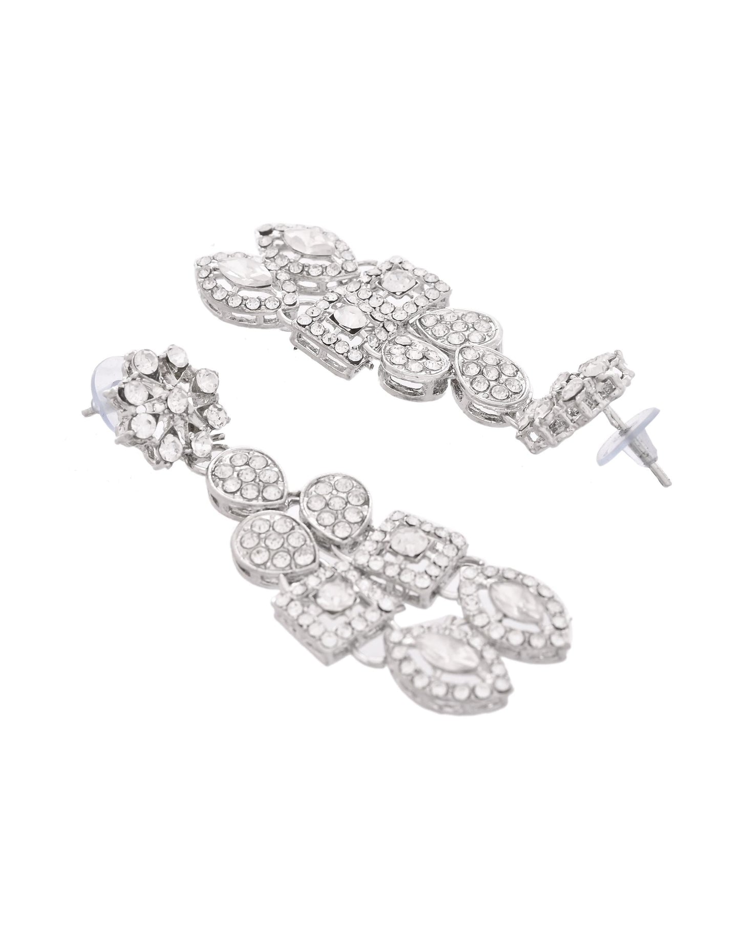 VOJ Silver-Plated AD Stone Studded Necklace With Earrings And Maang Tikka Set - Swadesiicart