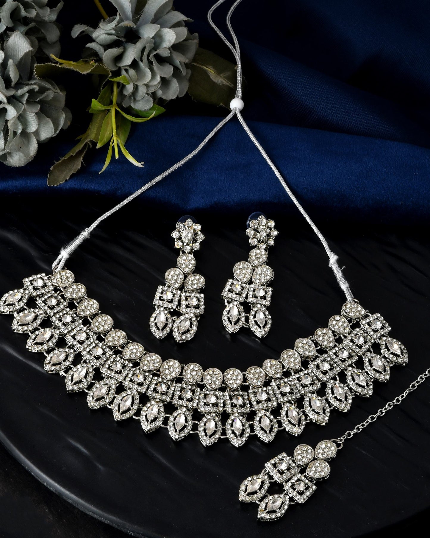 VOJ Silver-Plated AD Stone Studded Necklace With Earrings And Maang Tikka Set - Swadesiicart