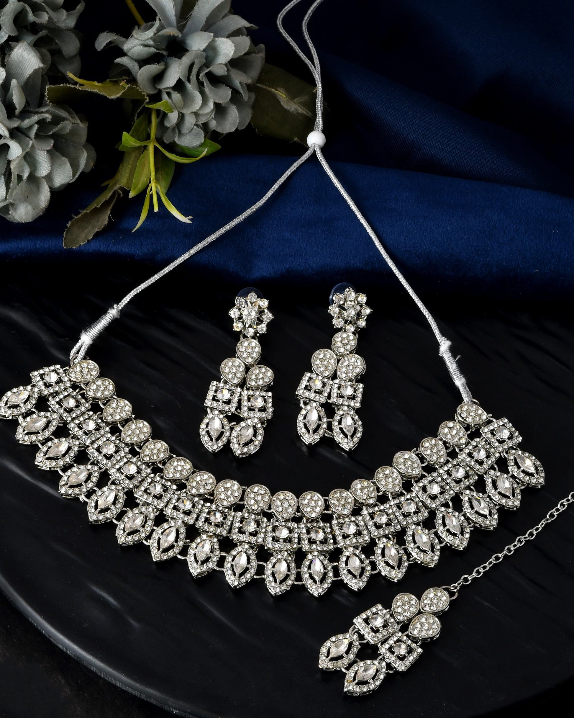 VOJ Silver-Plated AD Stone Studded Necklace With Earrings And Maang Tikka Set - Swadesiicart