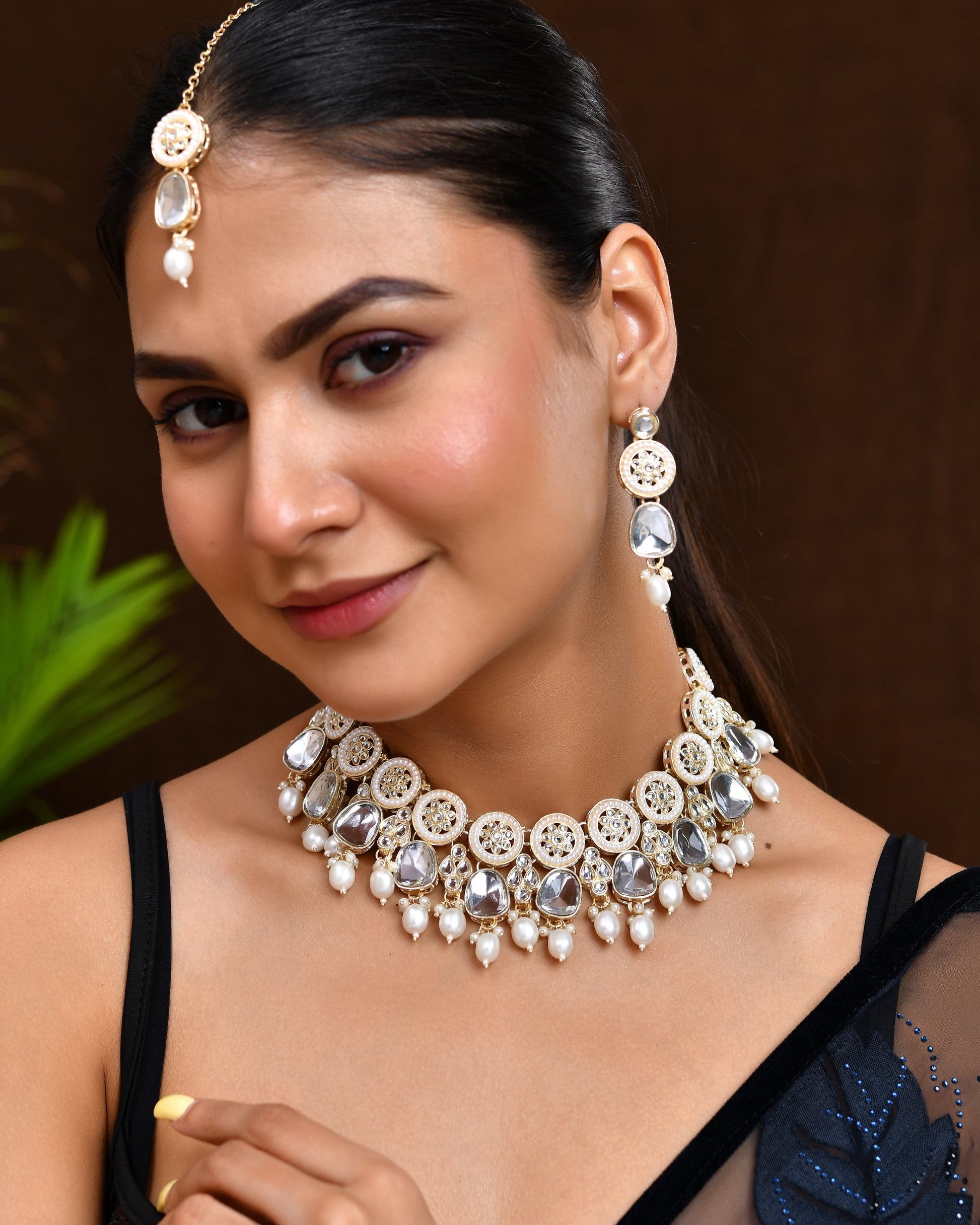 VOJ Gold Polished Artificial Beads And Stone Studded Necklace Set With Maang Tikka - Swadesiicart