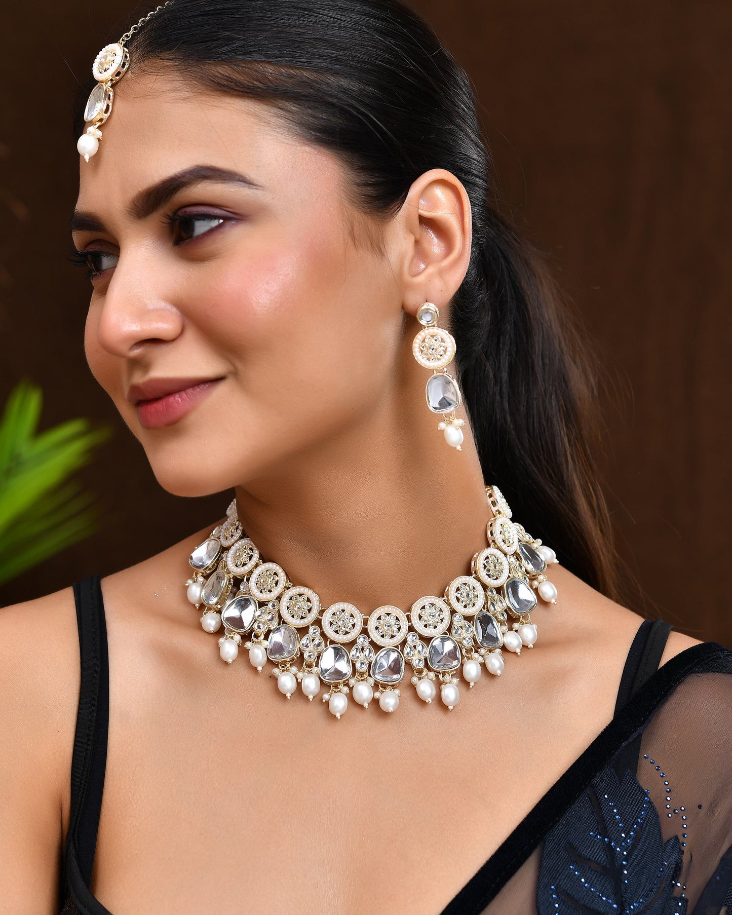 VOJ Gold Polished Artificial Beads And Stone Studded Necklace Set With Maang Tikka - Swadesiicart
