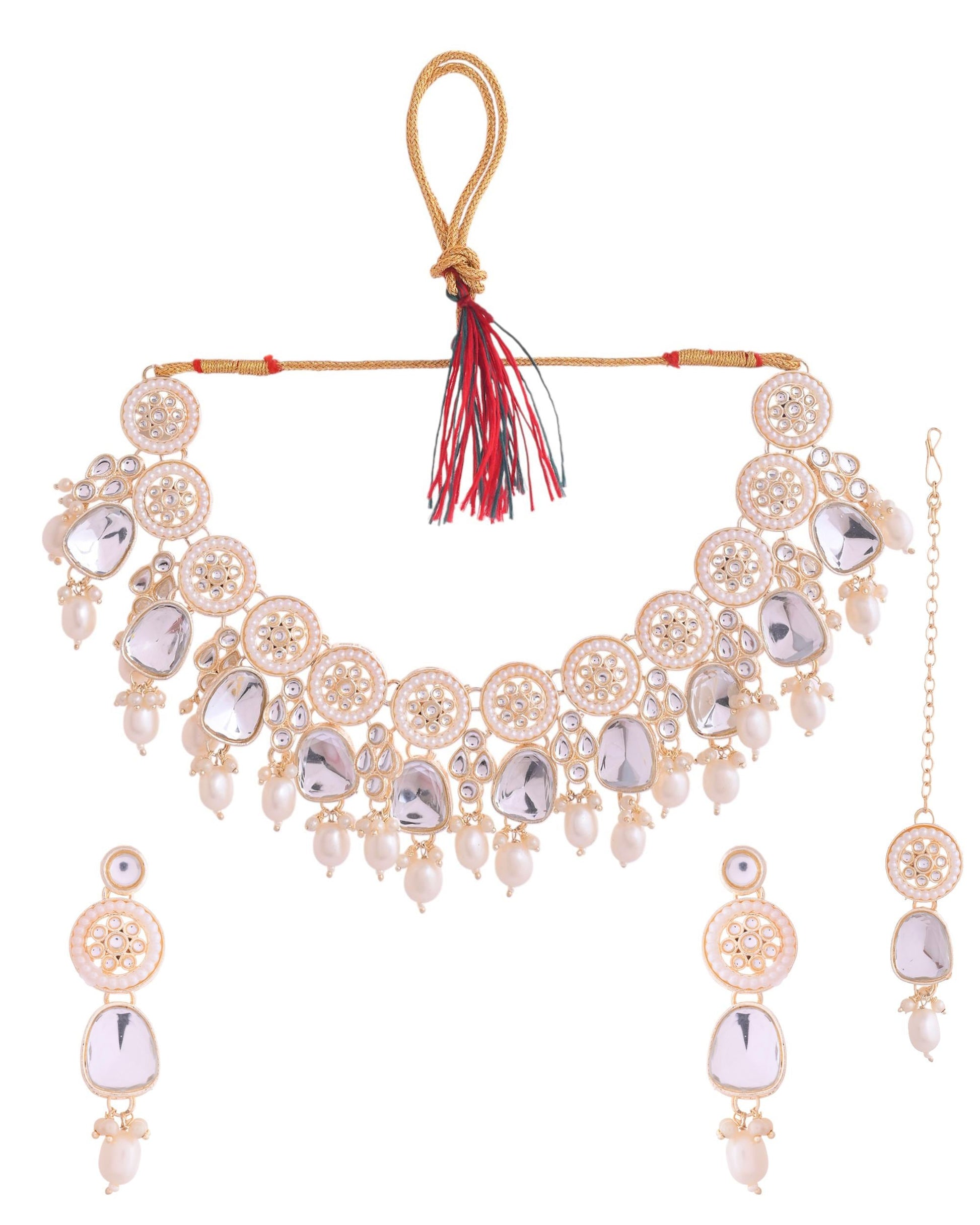 VOJ Gold Polished Artificial Beads And Stone Studded Necklace Set With Maang Tikka - Swadesiicart