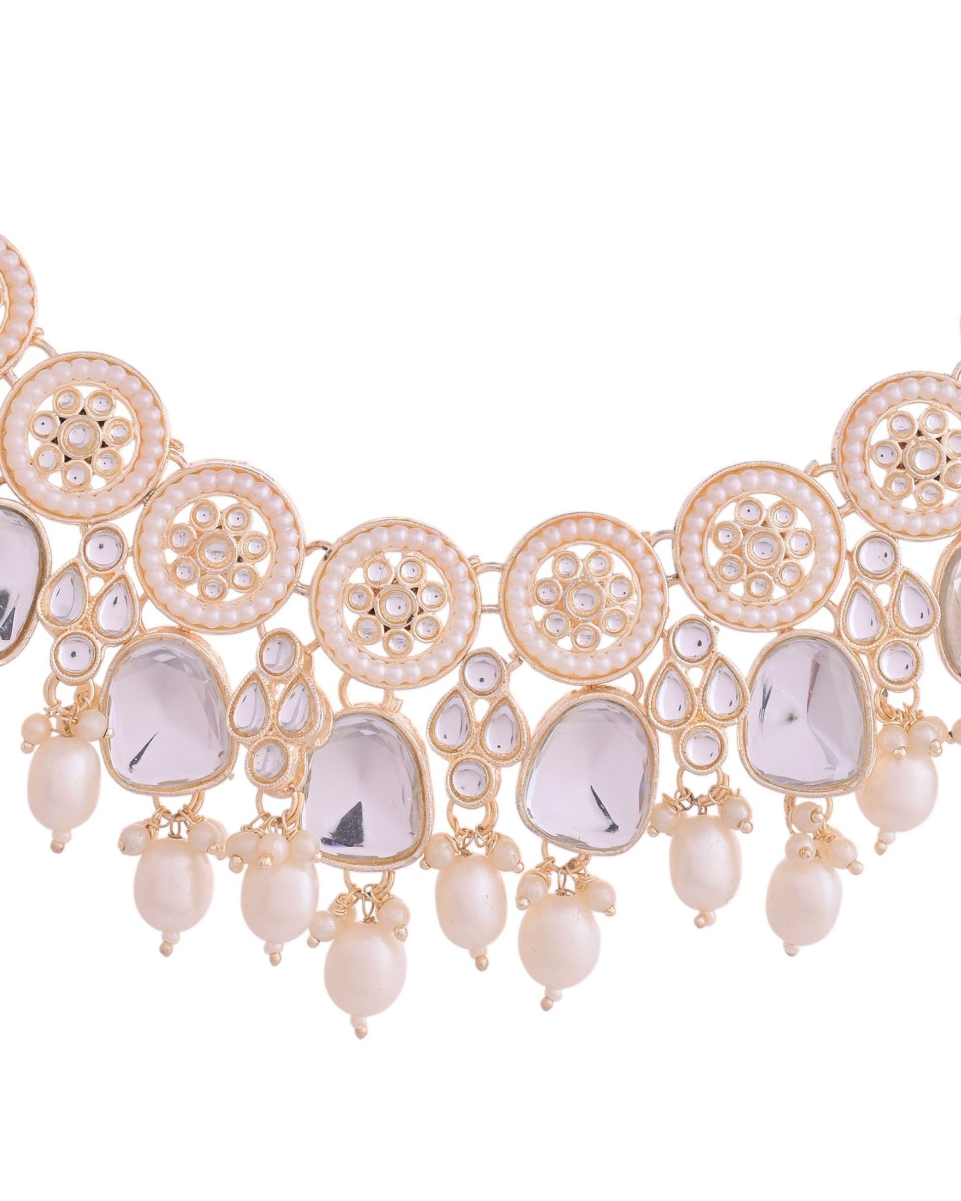 VOJ Gold Polished Artificial Beads And Stone Studded Necklace Set With Maang Tikka - Swadesiicart