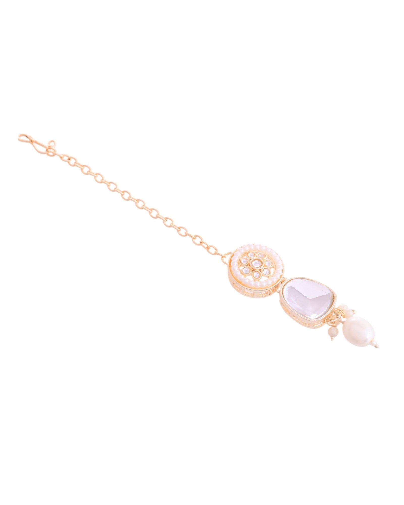 VOJ Gold Polished Artificial Beads And Stone Studded Necklace Set With Maang Tikka - Swadesiicart