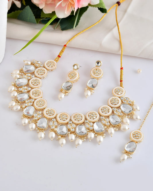 VOJ Gold Polished Artificial Beads And Stone Studded Necklace Set With Maang Tikka - Swadesiicart