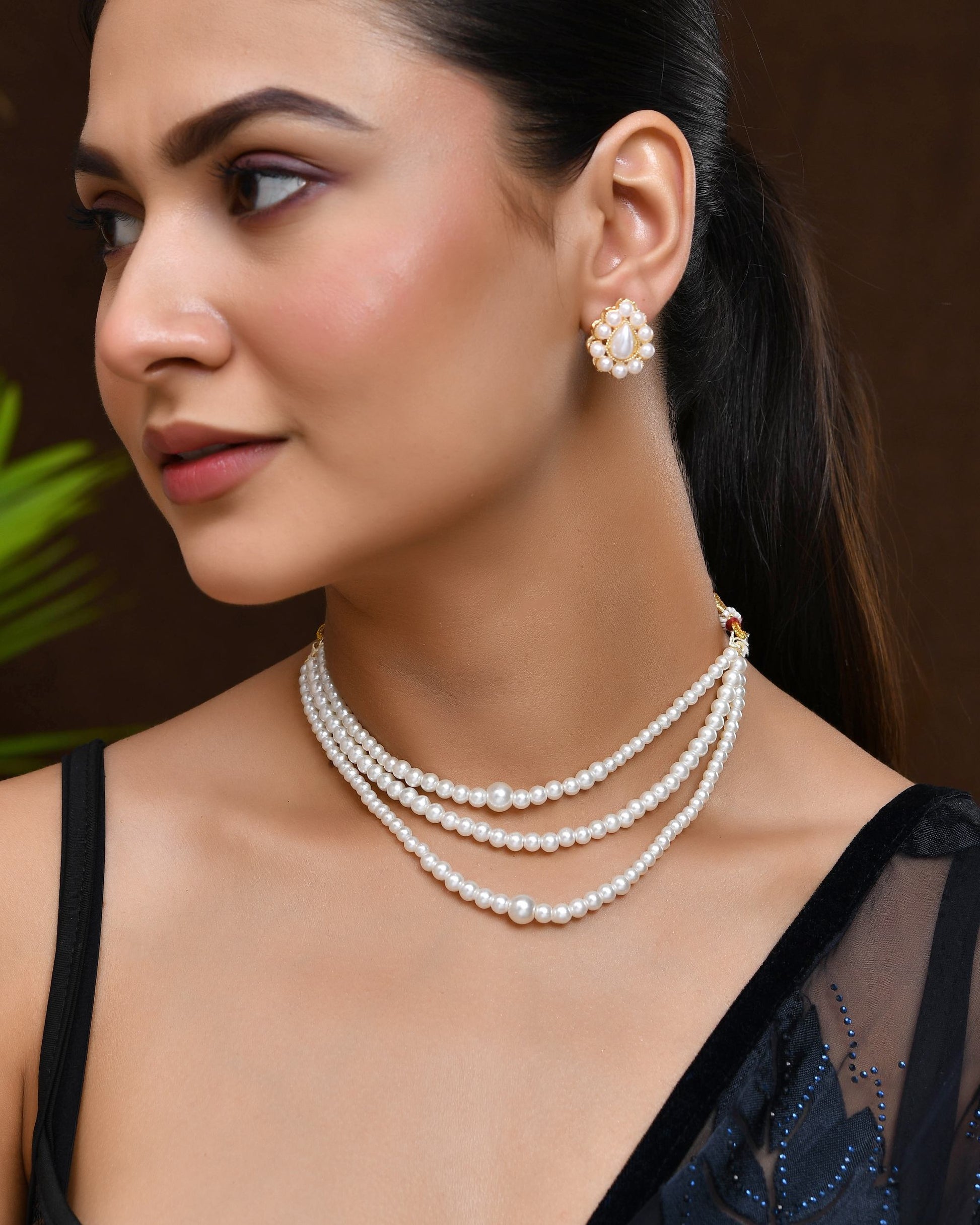 VOJ Gold Polished Artifical Pearl Mutli Layer Necklace And Earrings Set - Swadesiicart