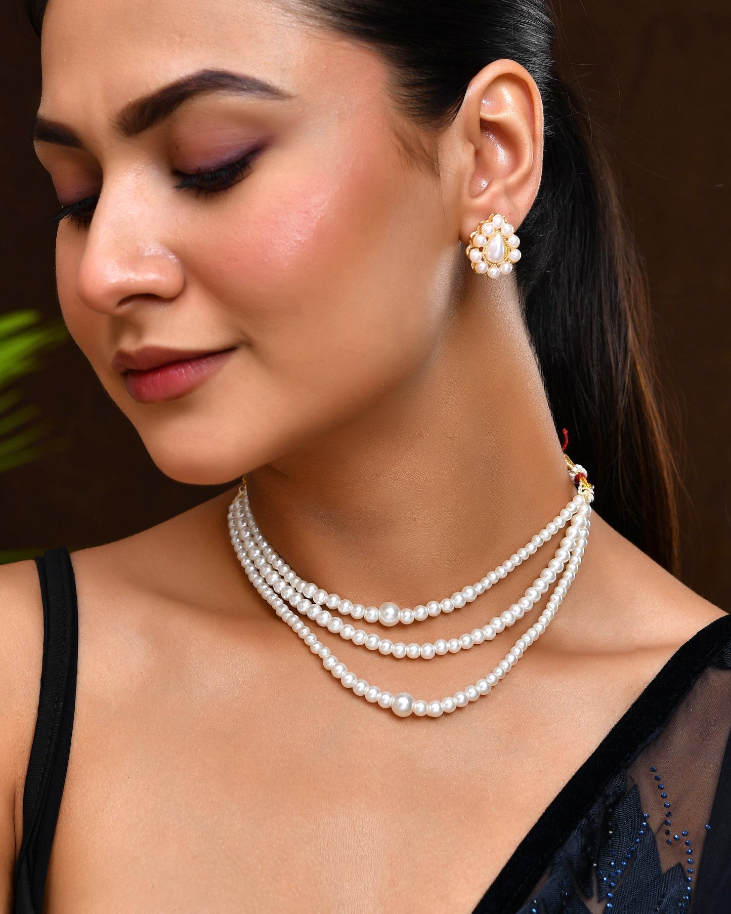 VOJ Gold Polished Artifical Pearl Mutli Layer Necklace And Earrings Set - Swadesiicart