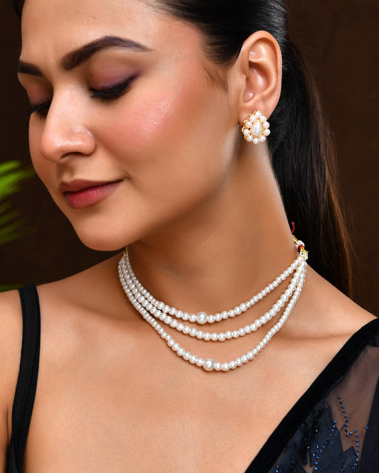VOJ Gold Polished Artifical Pearl Mutli Layer Necklace And Earrings Set - Swadesiicart