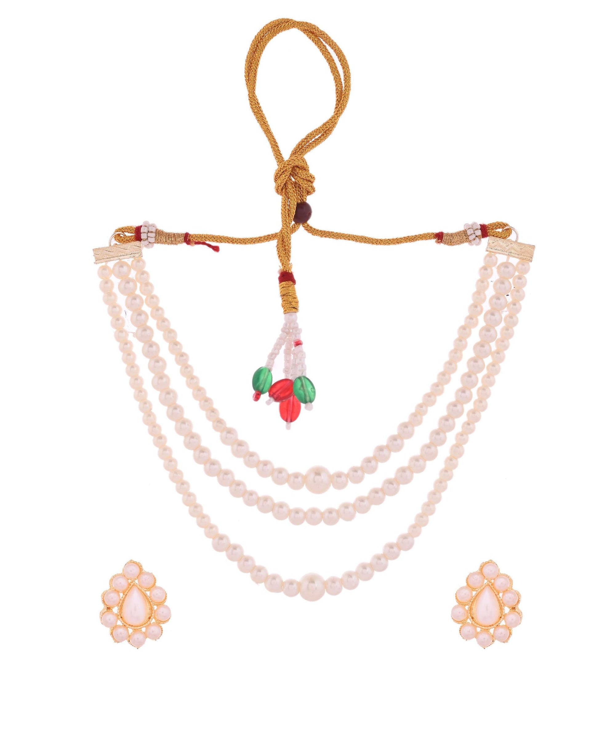 VOJ Gold Polished Artifical Pearl Mutli Layer Necklace And Earrings Set - Swadesiicart