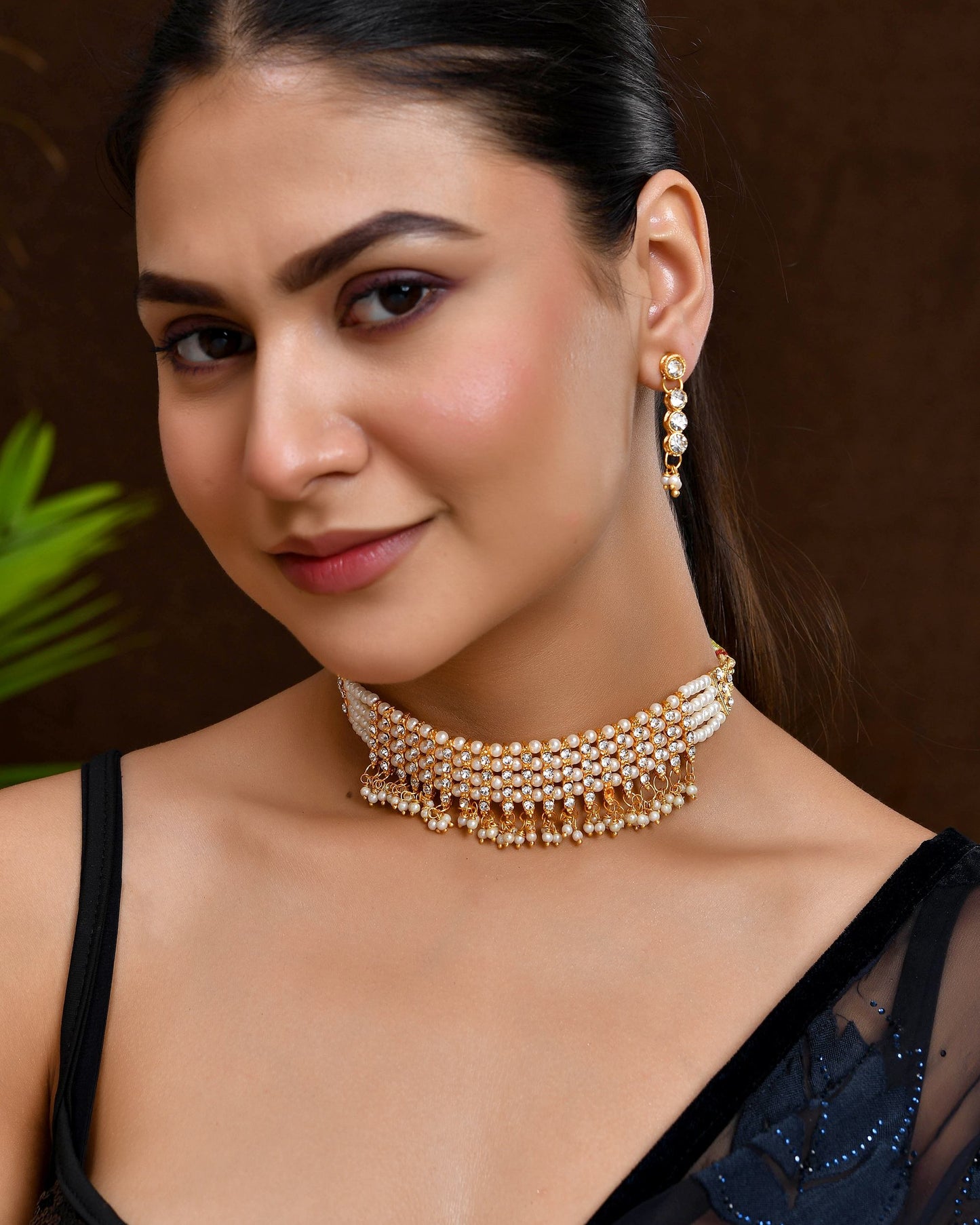 VOJ Gold Polished Artifical Beads And Stone Studded Necklace And Earrings Set - Swadesiicart