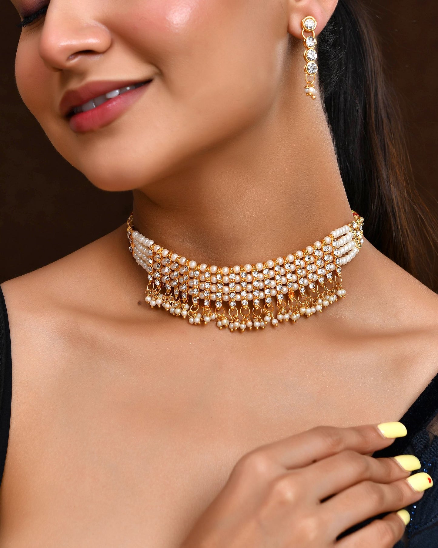 VOJ Gold Polished Artifical Beads And Stone Studded Necklace And Earrings Set - Swadesiicart