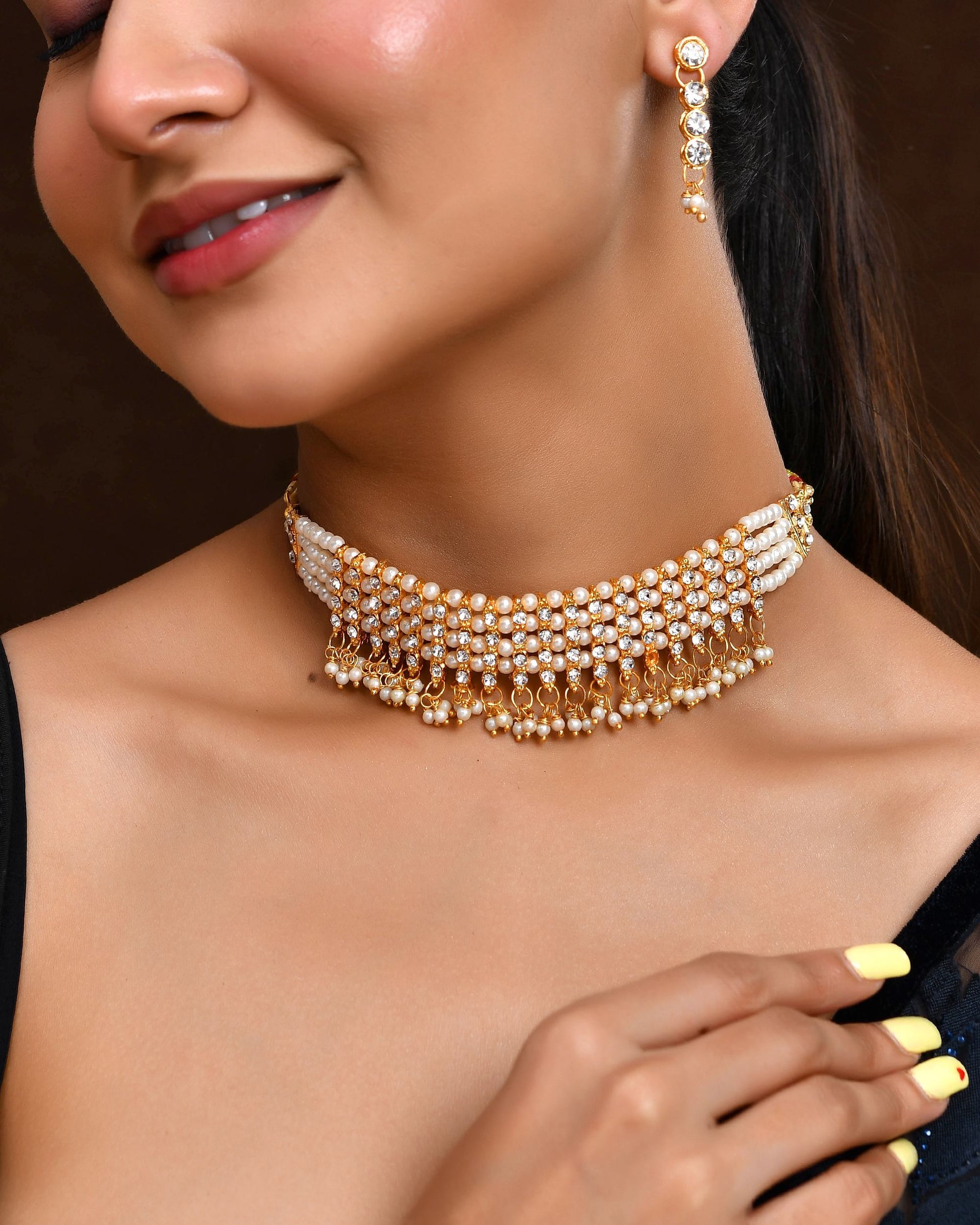 VOJ Gold Polished Artifical Beads And Stone Studded Necklace And Earrings Set - Swadesiicart