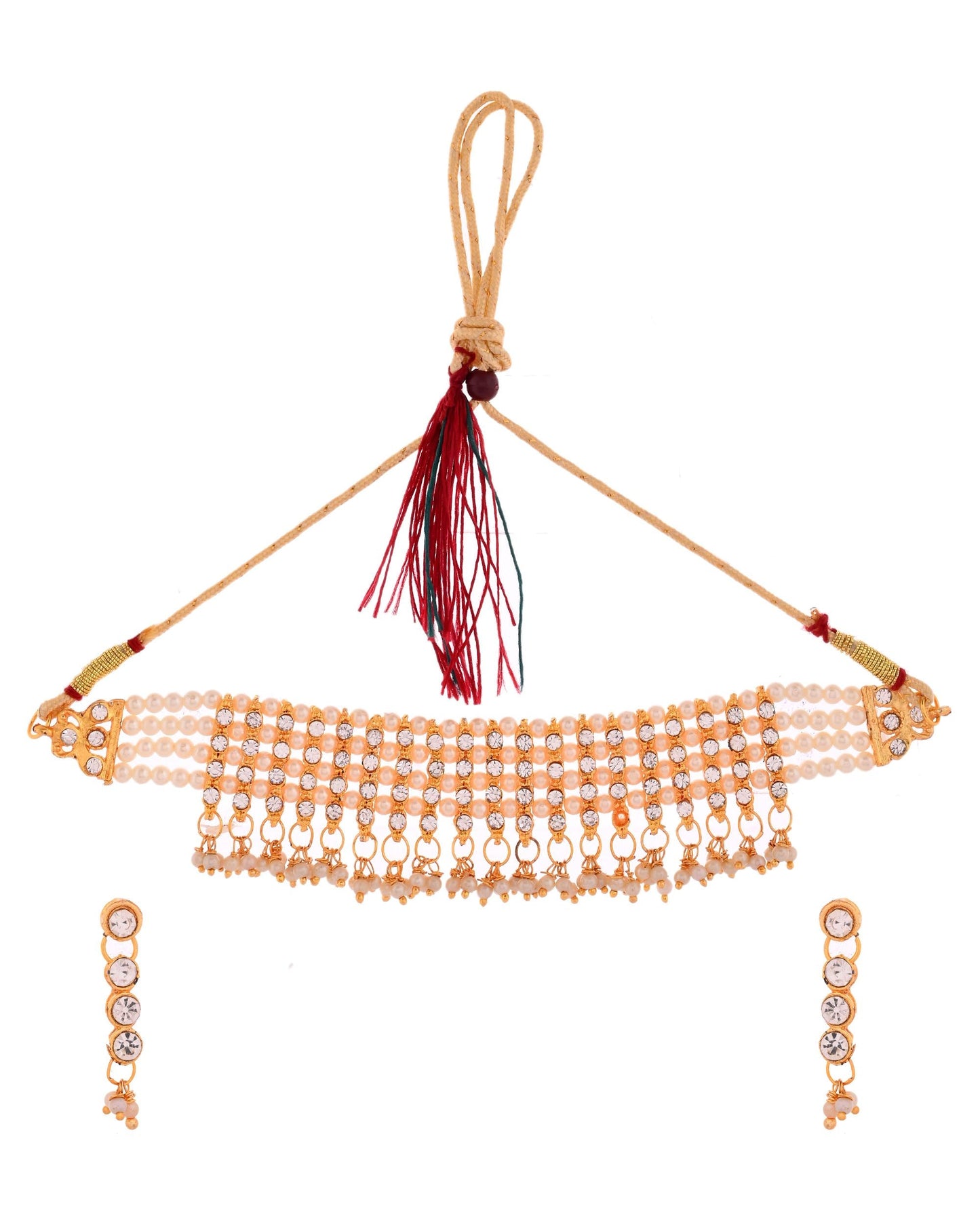 VOJ Gold Polished Artifical Beads And Stone Studded Necklace And Earrings Set - Swadesiicart