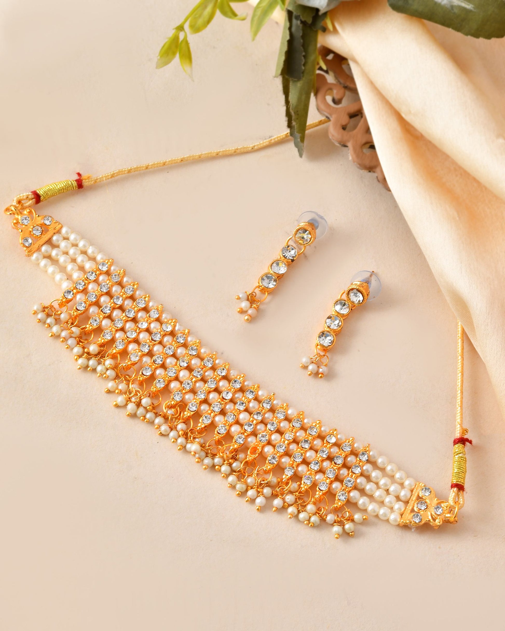 VOJ Gold Polished Artifical Beads And Stone Studded Necklace And Earrings Set - Swadesiicart