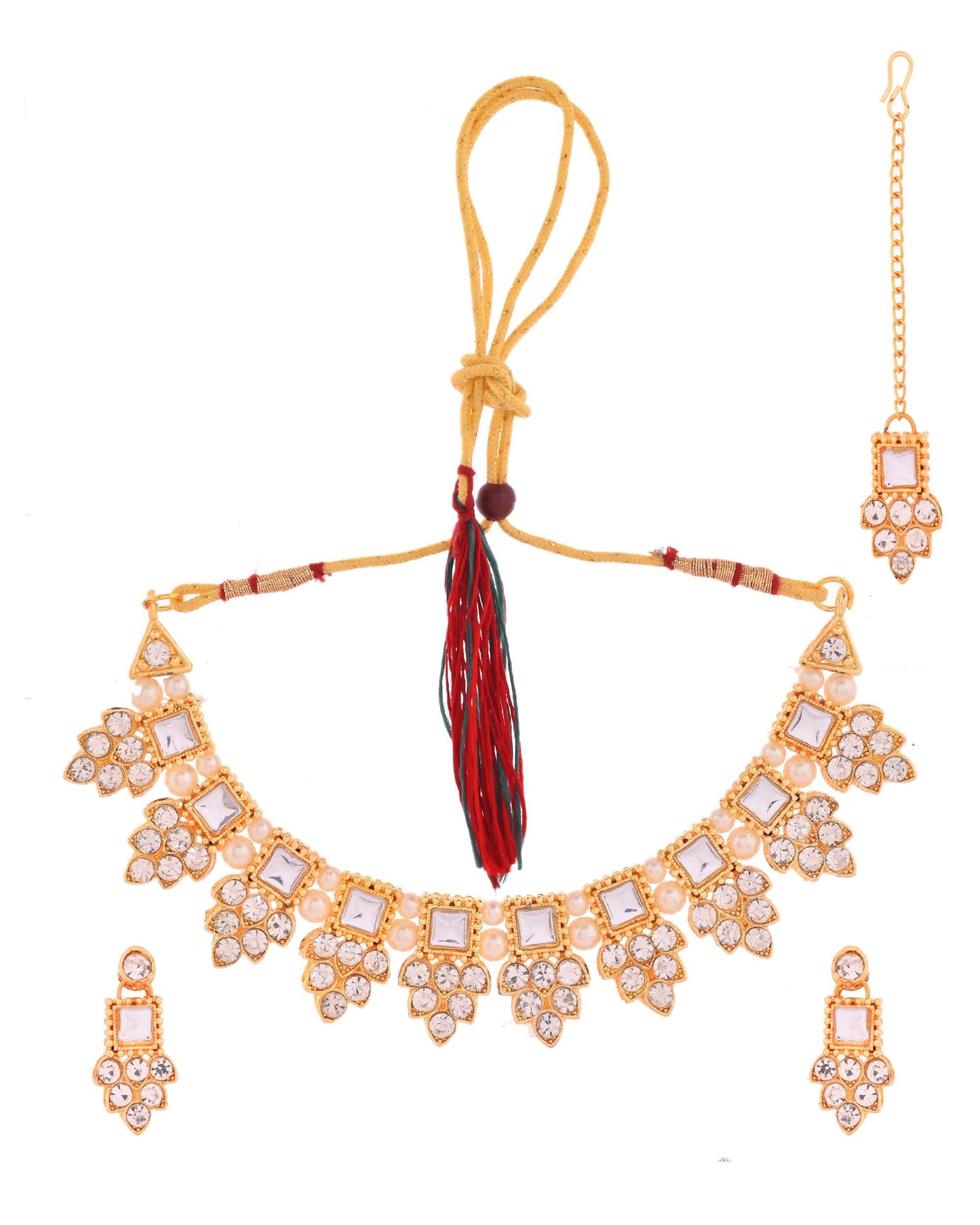 VOJ Gold Polished Stone Studded Necklace Set With Maang Tikka - Swadesiicart