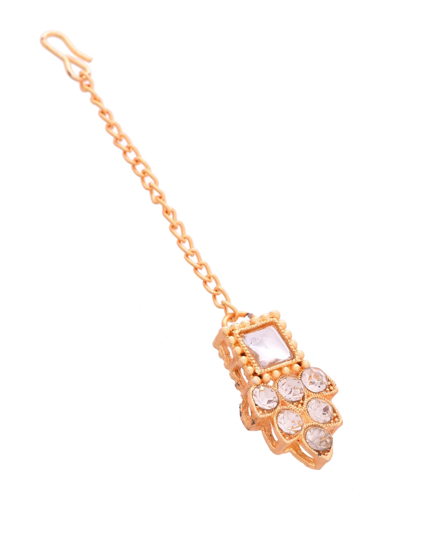 VOJ Gold Polished Stone Studded Necklace Set With Maang Tikka - Swadesiicart