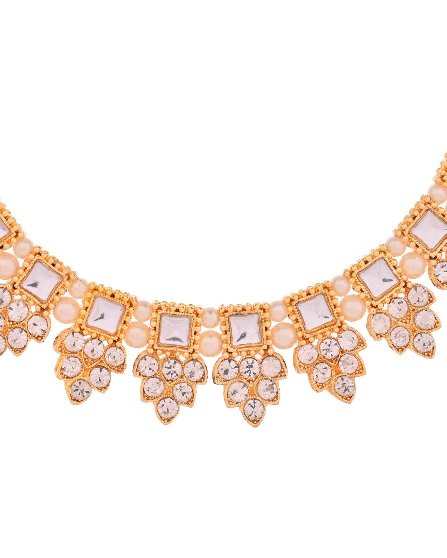VOJ Gold Polished Stone Studded Necklace Set With Maang Tikka - Swadesiicart