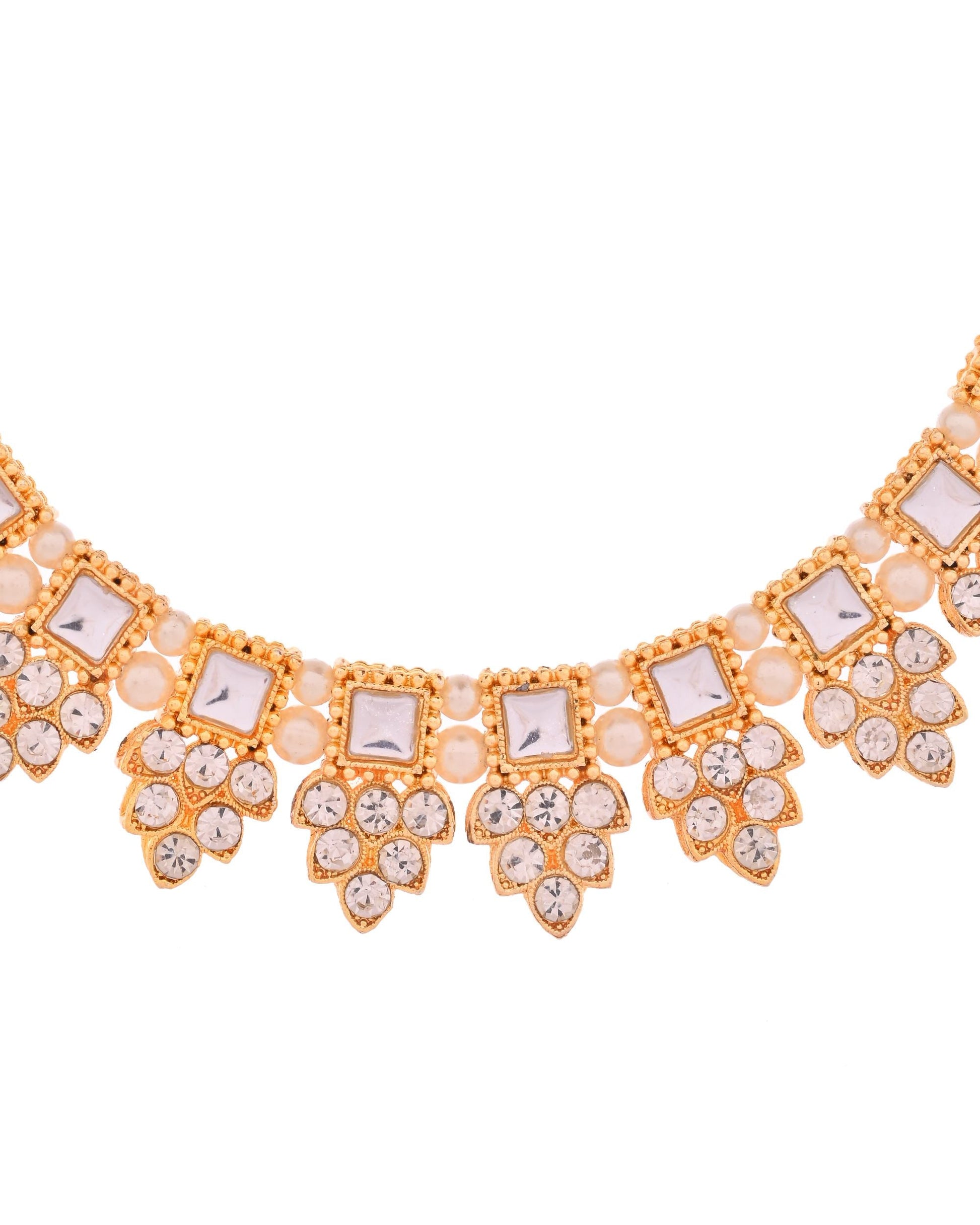 VOJ Gold Polished Stone Studded Necklace Set With Maang Tikka - Swadesiicart