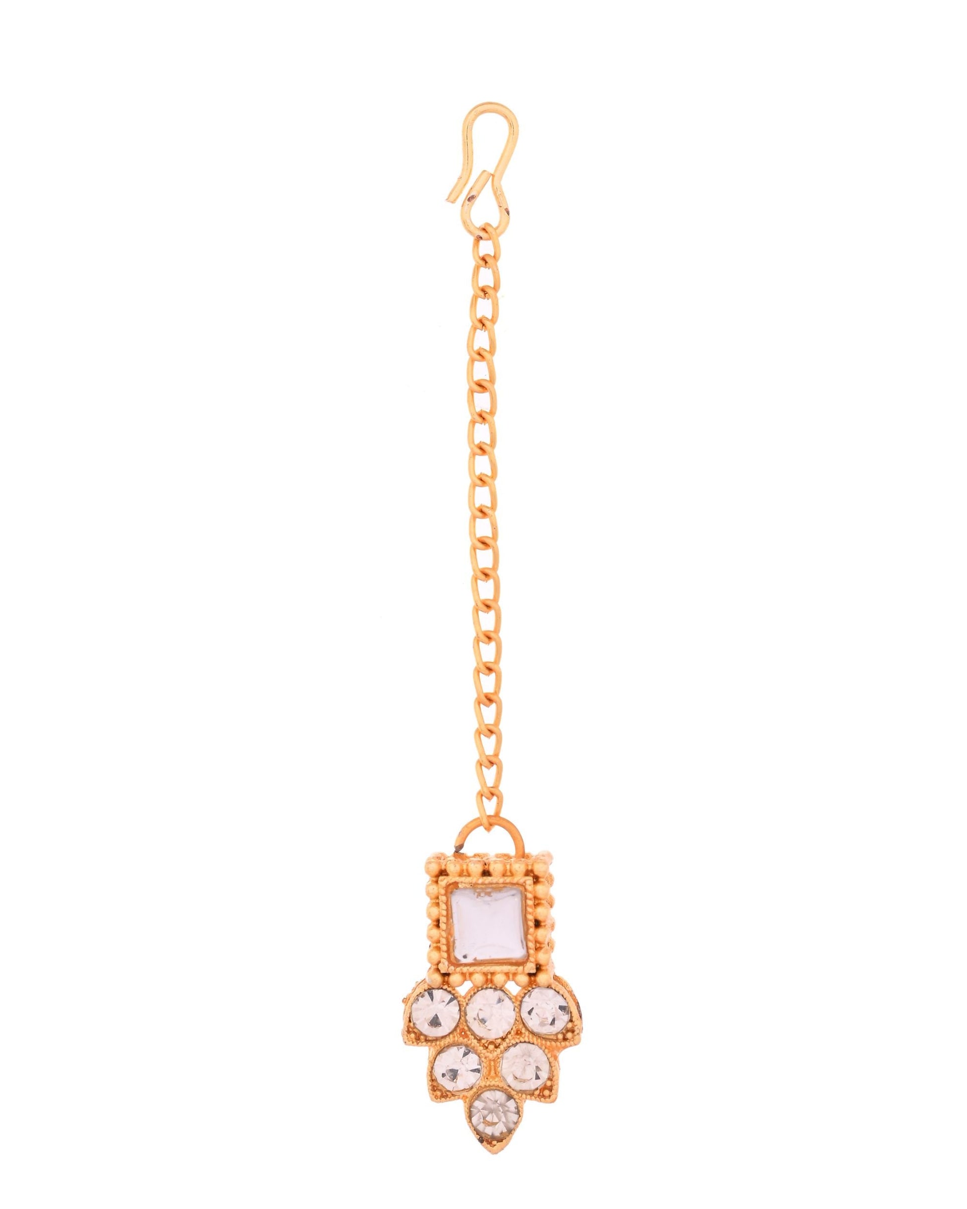 VOJ Gold Polished Stone Studded Necklace Set With Maang Tikka - Swadesiicart