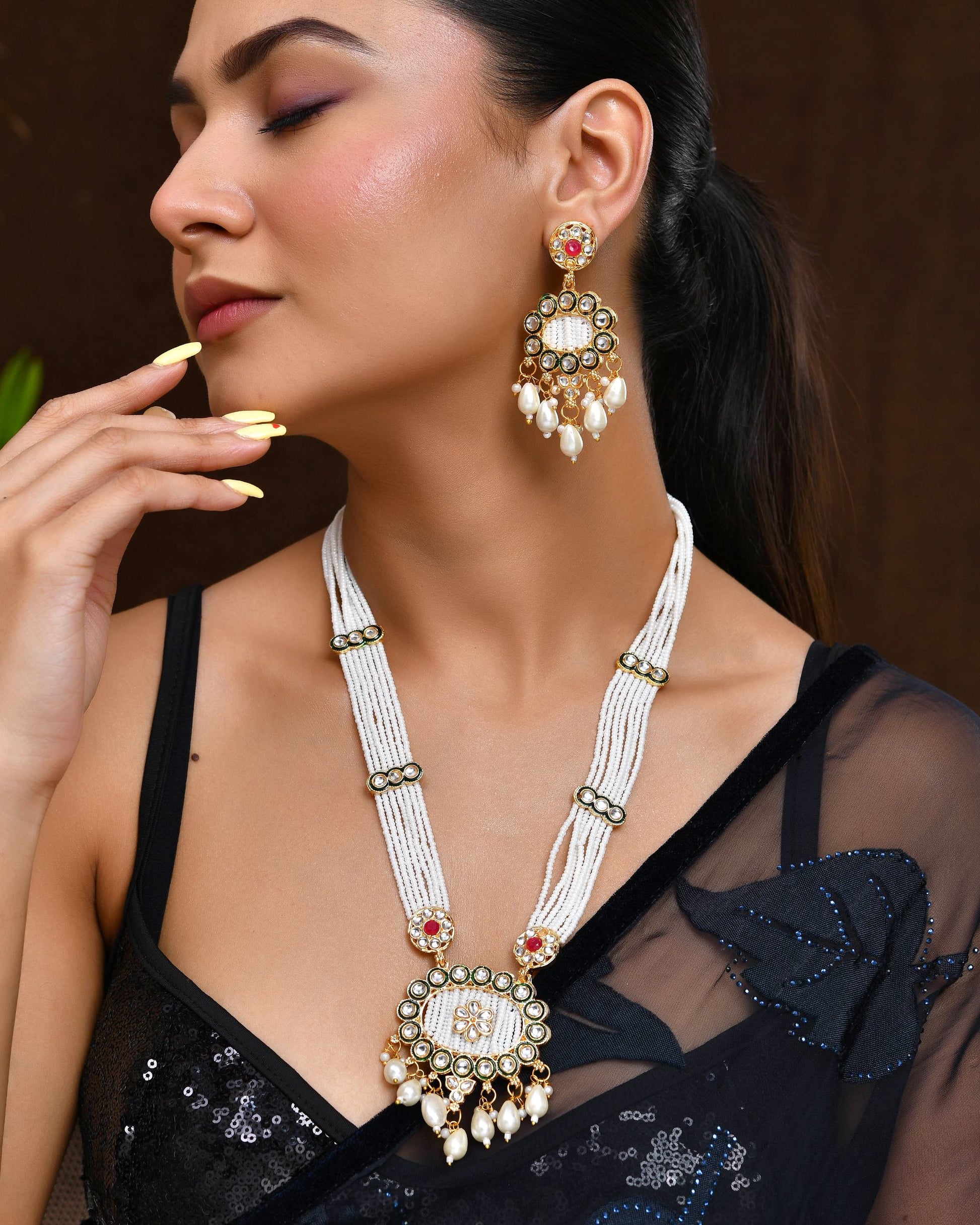 VOJ Gold Toned Artificial Beads Studded Long Necklace And Earrings Set - Swadesiicart