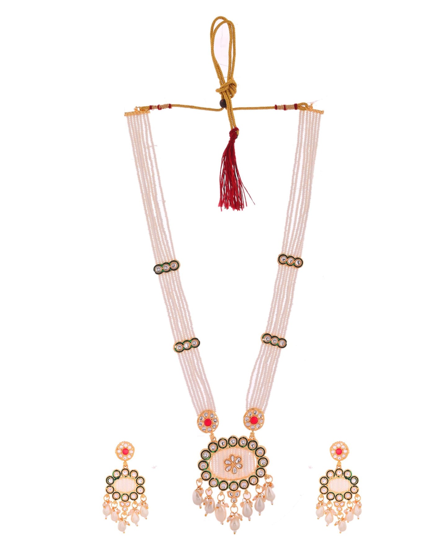 VOJ Gold Toned Artificial Beads Studded Long Necklace And Earrings Set - Swadesiicart