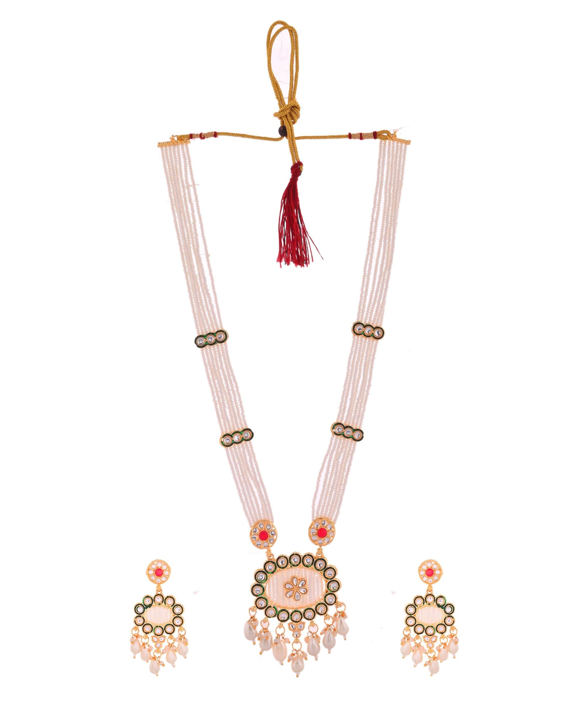 VOJ Gold Toned Artificial Beads Studded Long Necklace And Earrings Set - Swadesiicart