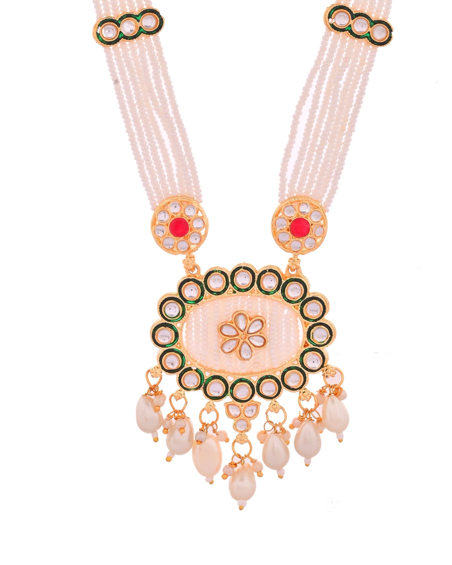 VOJ Gold Toned Artificial Beads Studded Long Necklace And Earrings Set - Swadesiicart