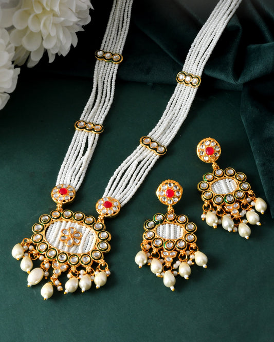 VOJ Gold Toned Artificial Beads Studded Long Necklace And Earrings Set - Swadesiicart