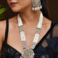 VOJ Copper-Toned Artificial Stone Studded Geometrical Long Necklace And Earrings Set - Swadesiicart