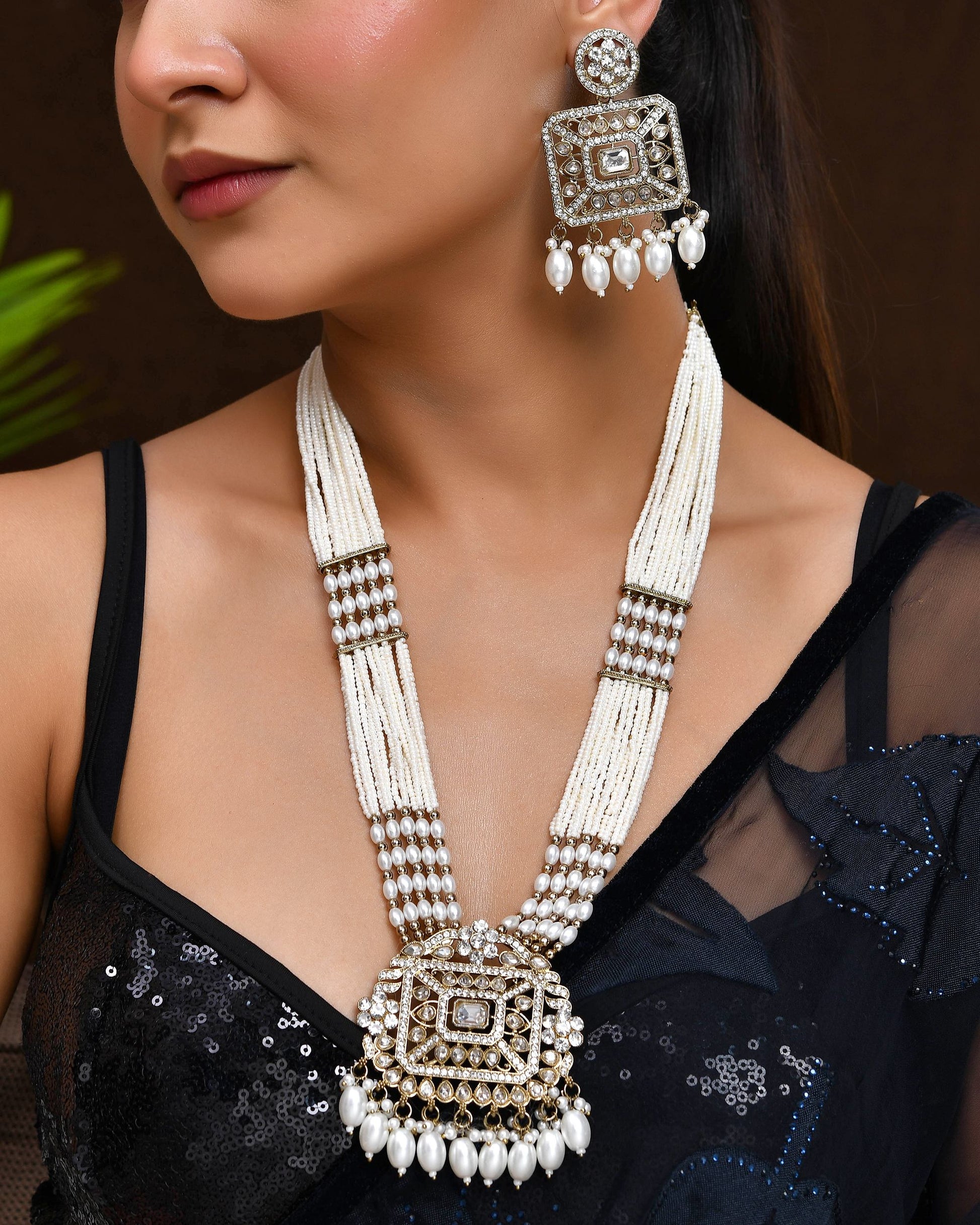 VOJ Copper-Toned Artificial Stone Studded Geometrical Long Necklace And Earrings Set - Swadesiicart