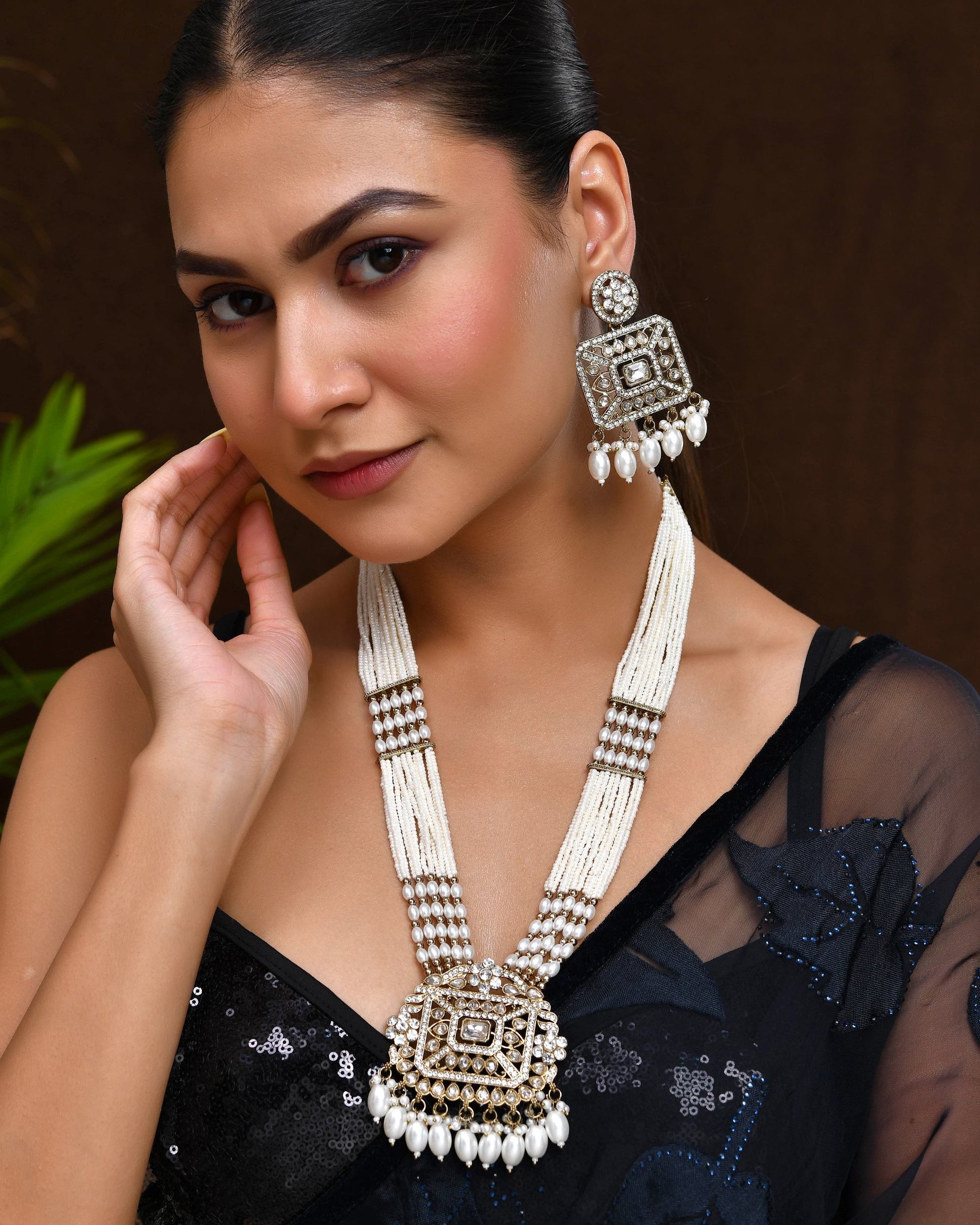 VOJ Copper-Toned Artificial Stone Studded Geometrical Long Necklace And Earrings Set - Swadesiicart