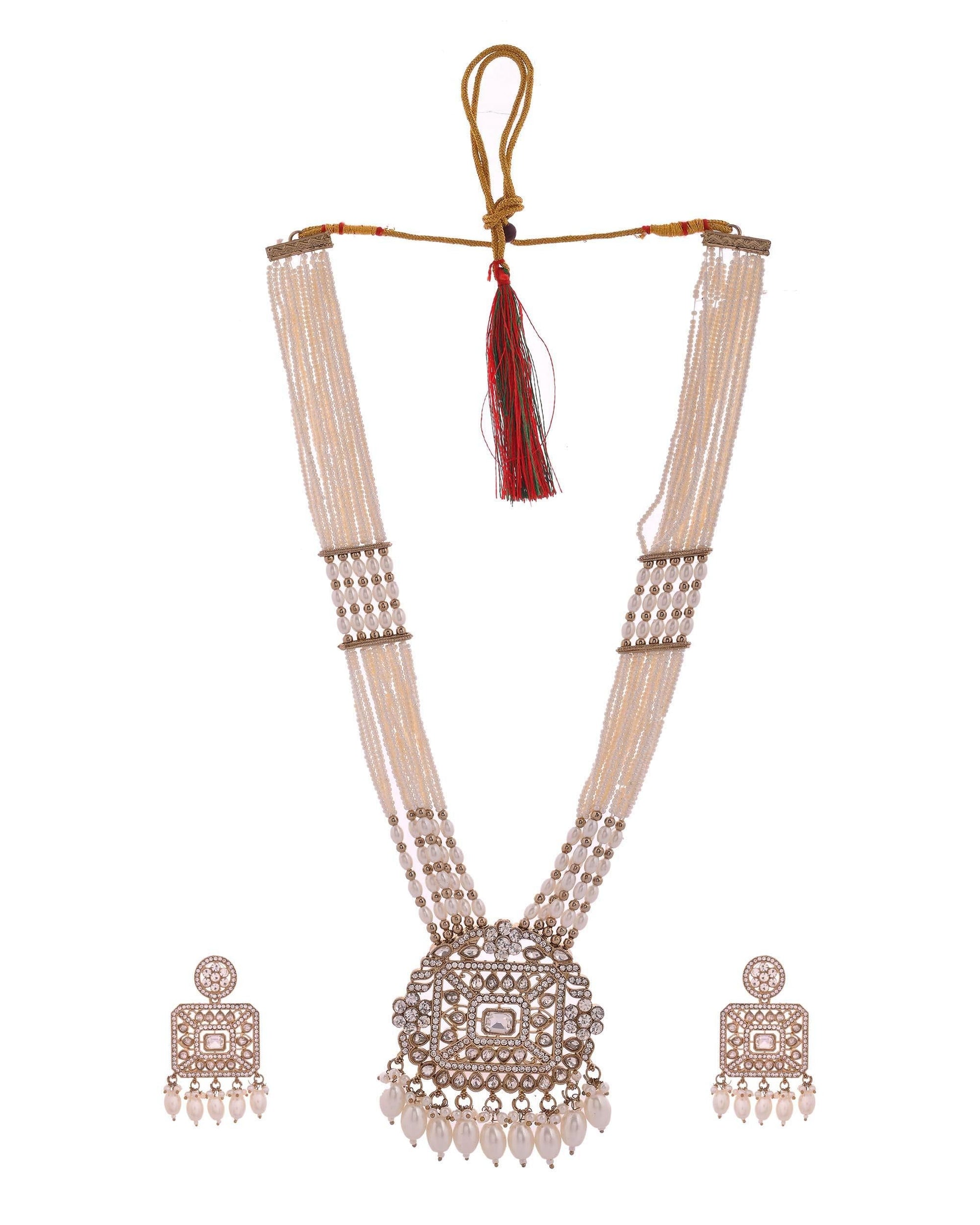 VOJ Copper-Toned Artificial Stone Studded Geometrical Long Necklace And Earrings Set - Swadesiicart