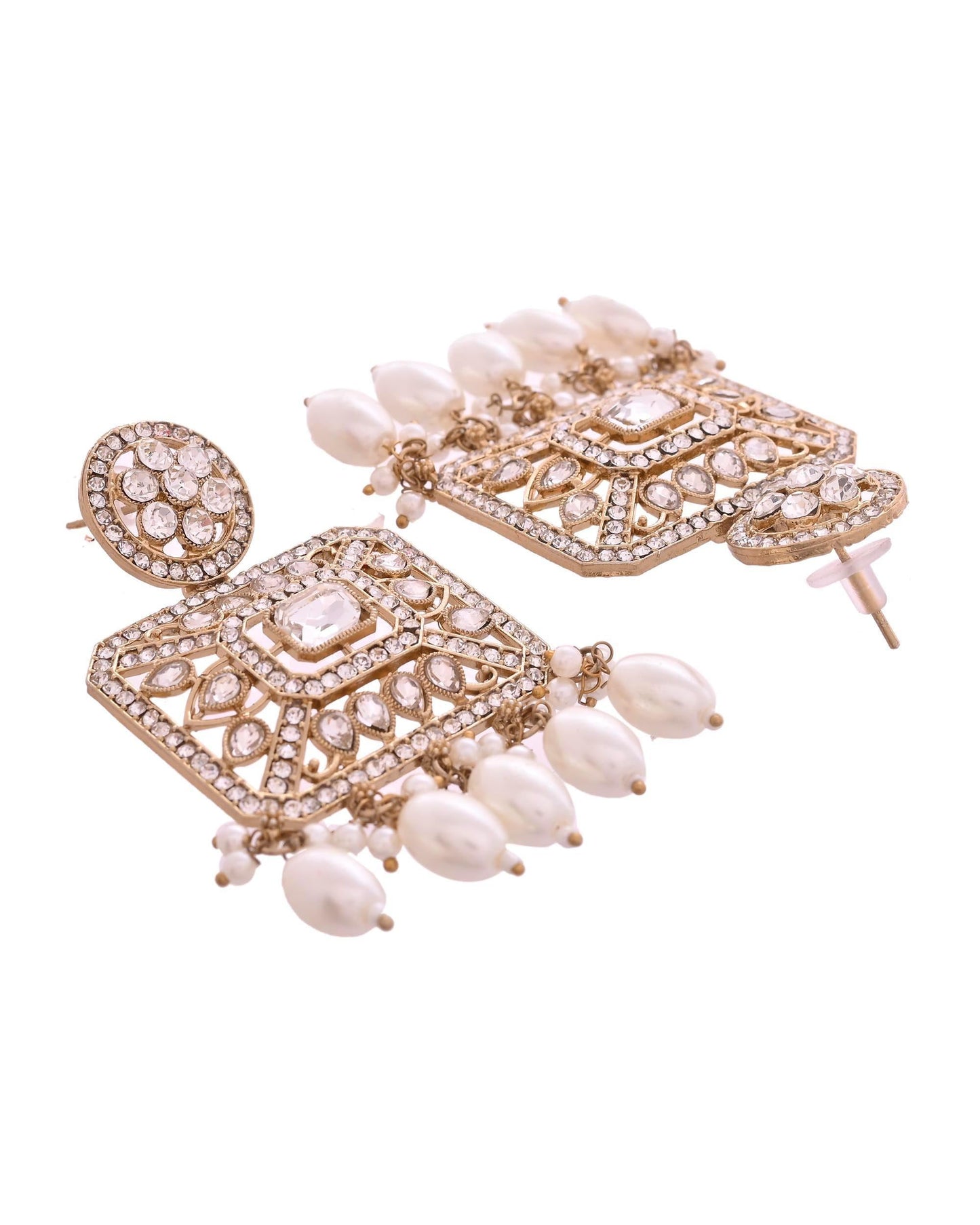 VOJ Copper-Toned Artificial Stone Studded Geometrical Long Necklace And Earrings Set - Swadesiicart