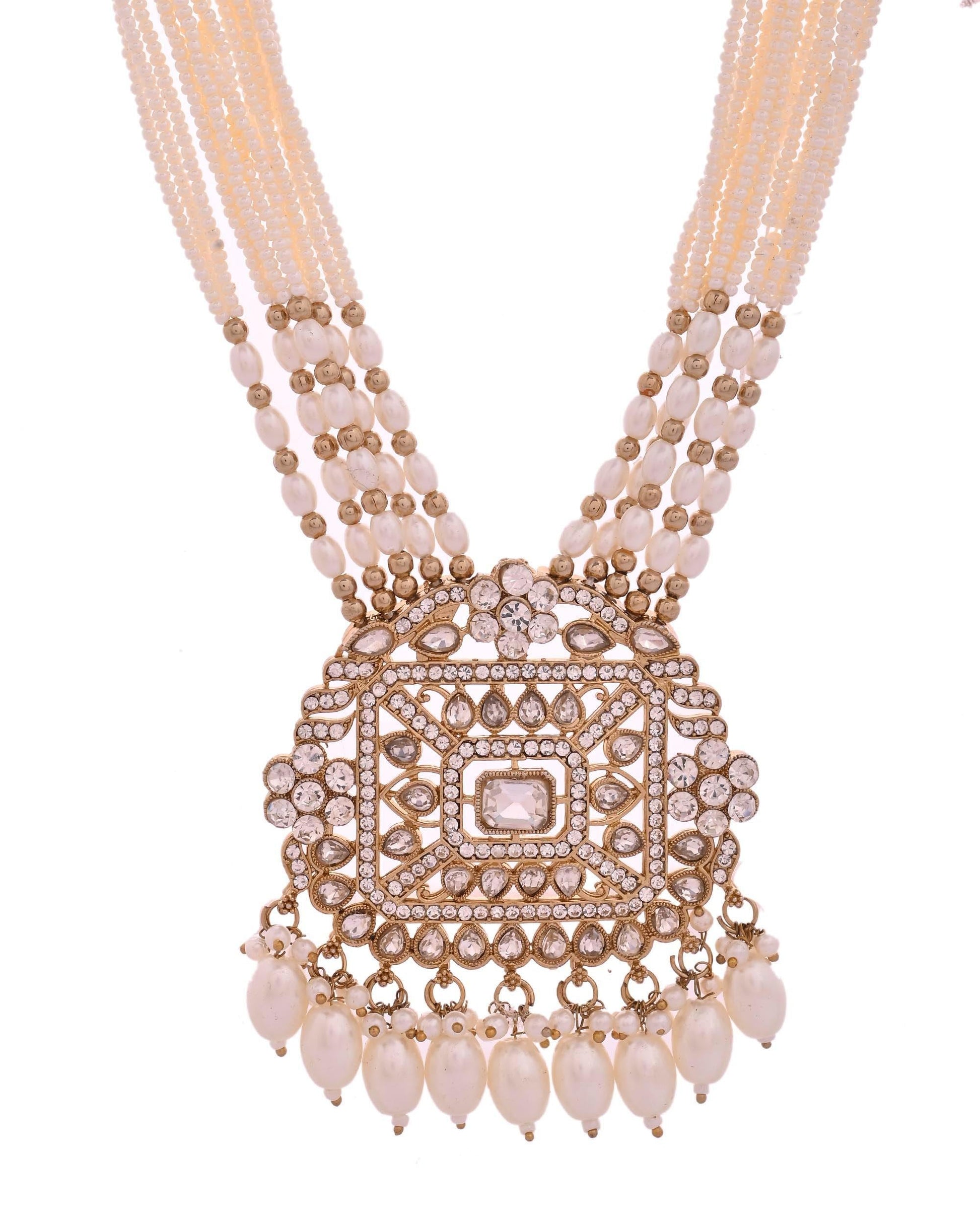 VOJ Copper-Toned Artificial Stone Studded Geometrical Long Necklace And Earrings Set - Swadesiicart