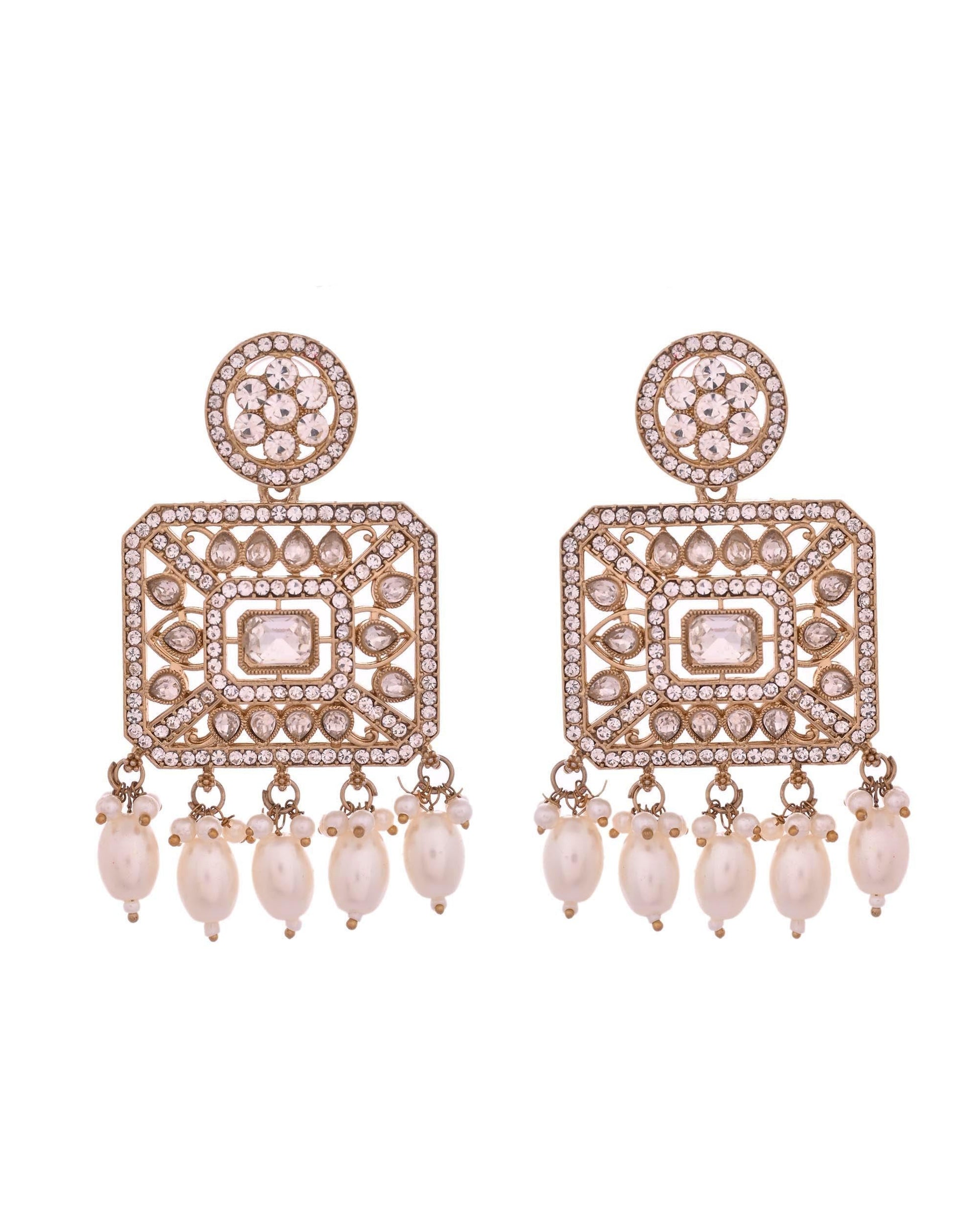 VOJ Copper-Toned Artificial Stone Studded Geometrical Long Necklace And Earrings Set - Swadesiicart