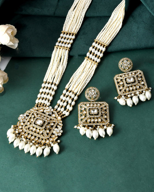 VOJ Copper-Toned Artificial Stone Studded Geometrical Long Necklace And Earrings Set - Swadesiicart