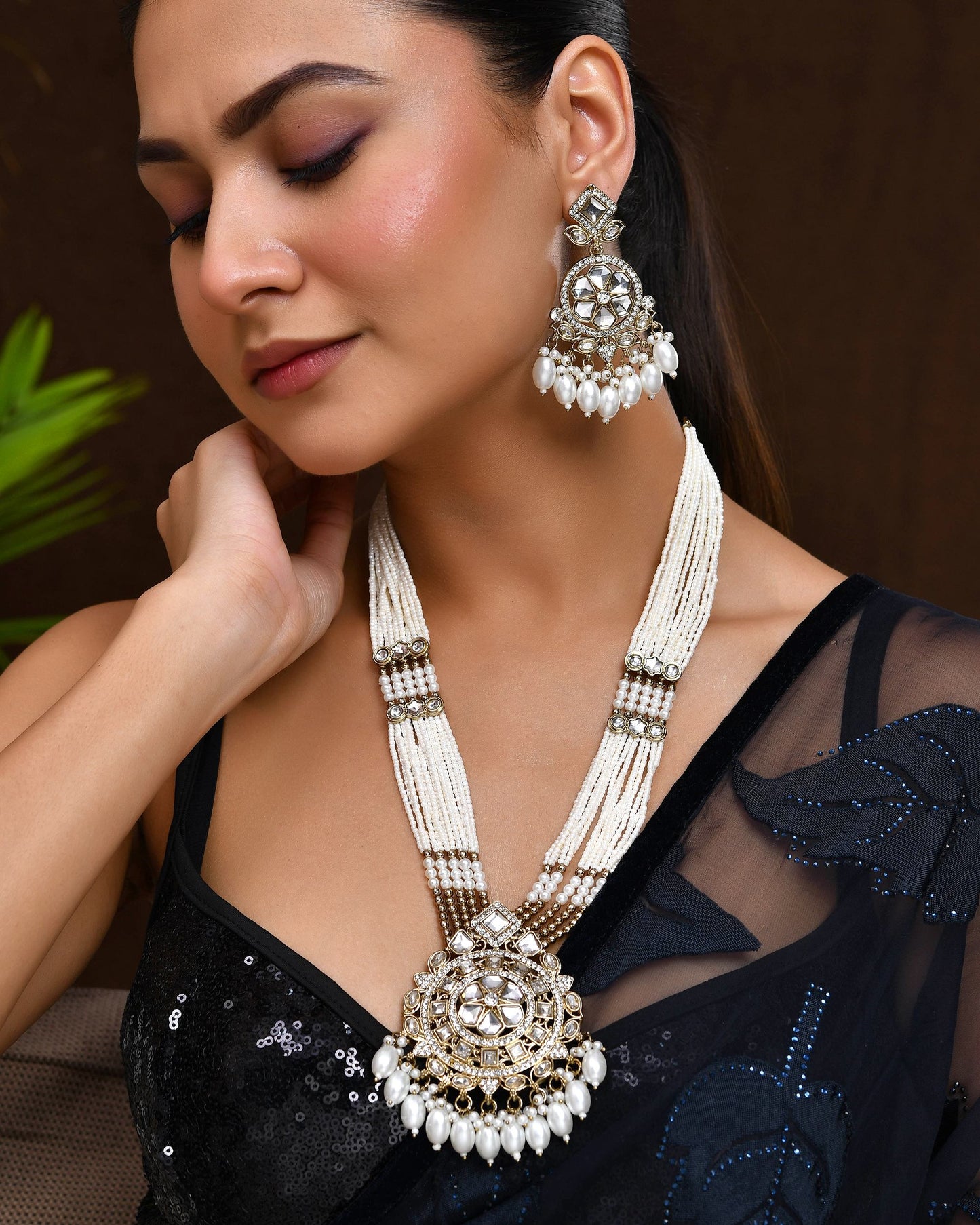 VOJ Copper-Toned Artifical Stone Studded Circular Long Necklace And Earrings Set - Swadesiicart