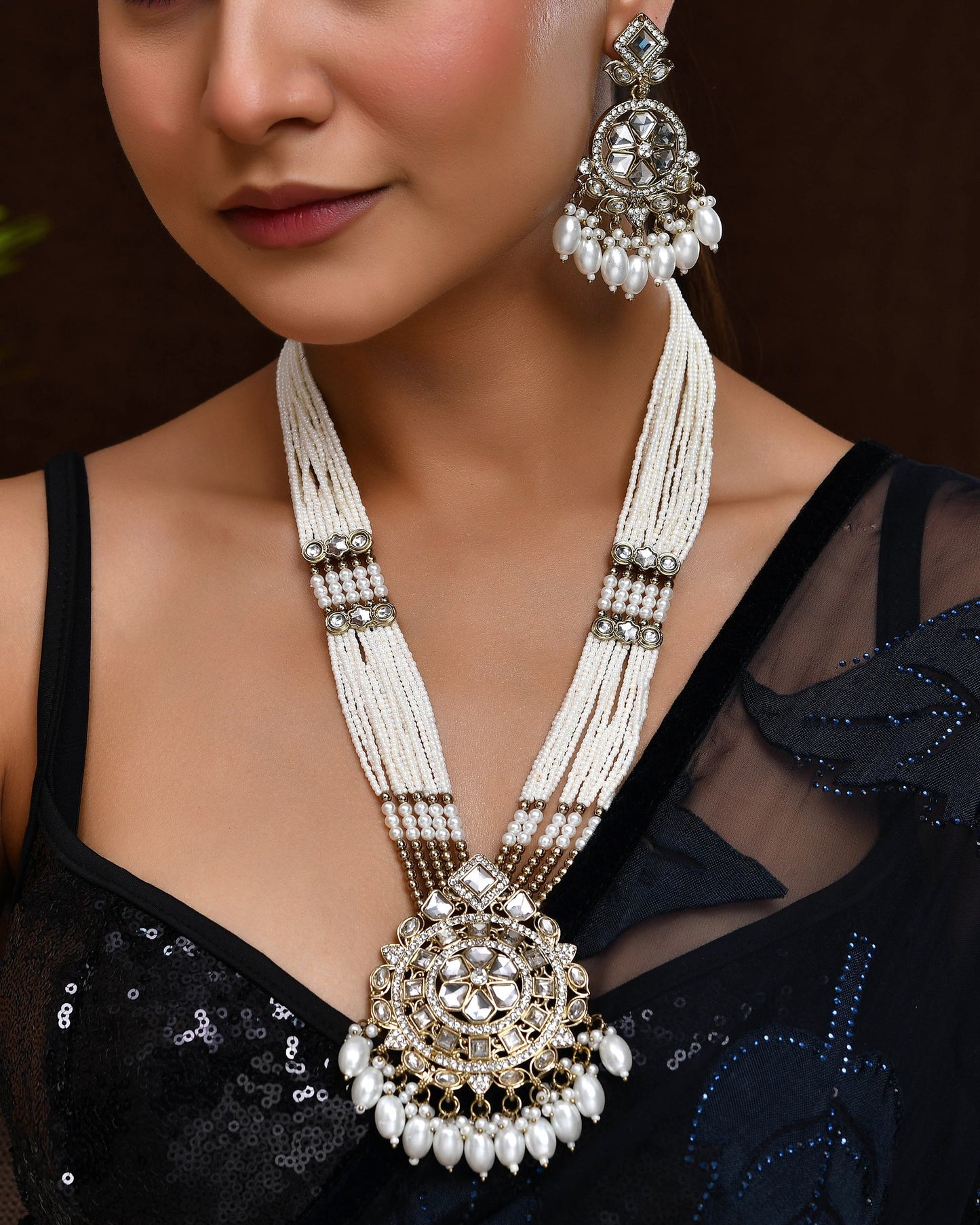 VOJ Copper-Toned Artifical Stone Studded Circular Long Necklace And Earrings Set - Swadesiicart