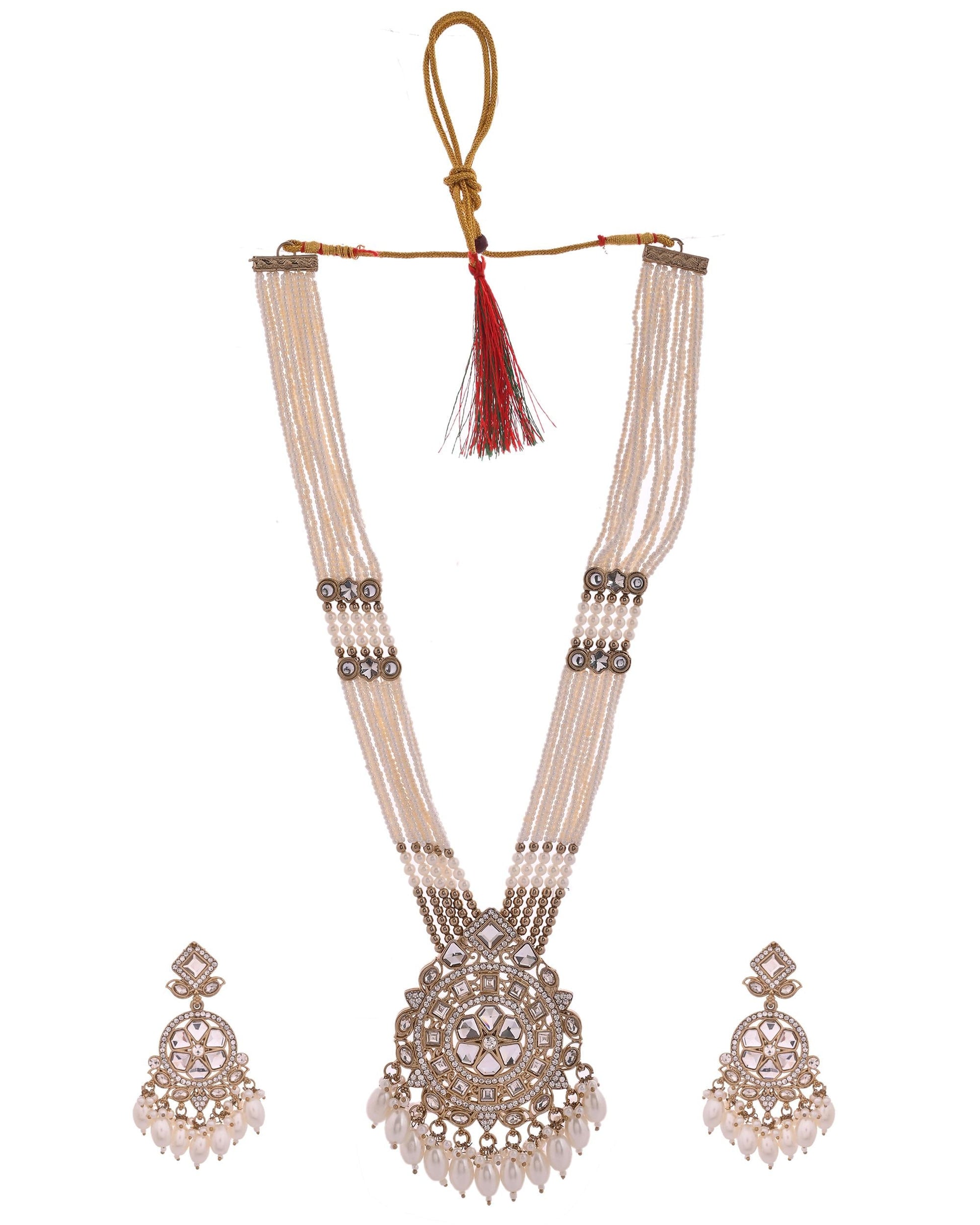 VOJ Copper-Toned Artifical Stone Studded Circular Long Necklace And Earrings Set - Swadesiicart