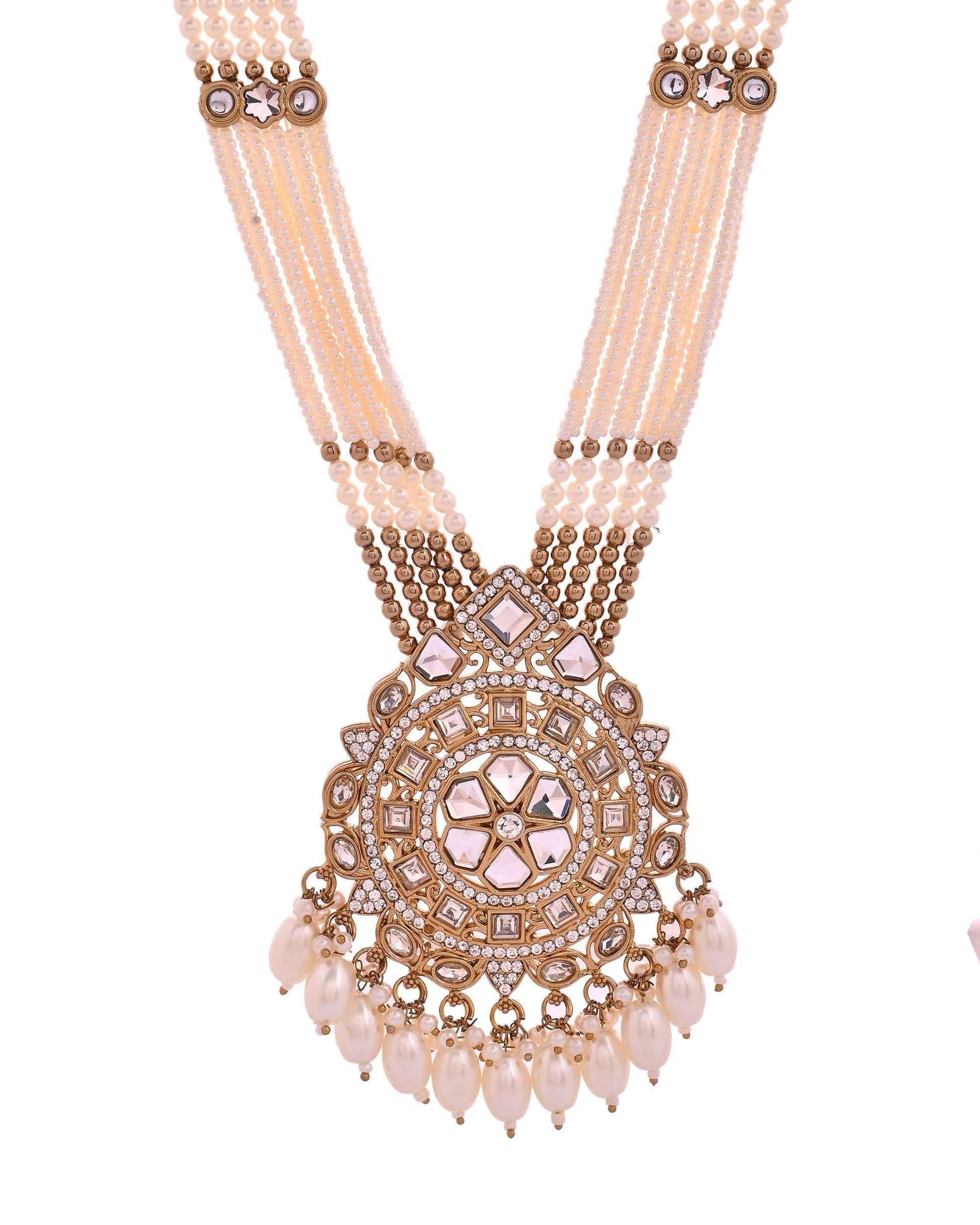 VOJ Copper-Toned Artifical Stone Studded Circular Long Necklace And Earrings Set - Swadesiicart
