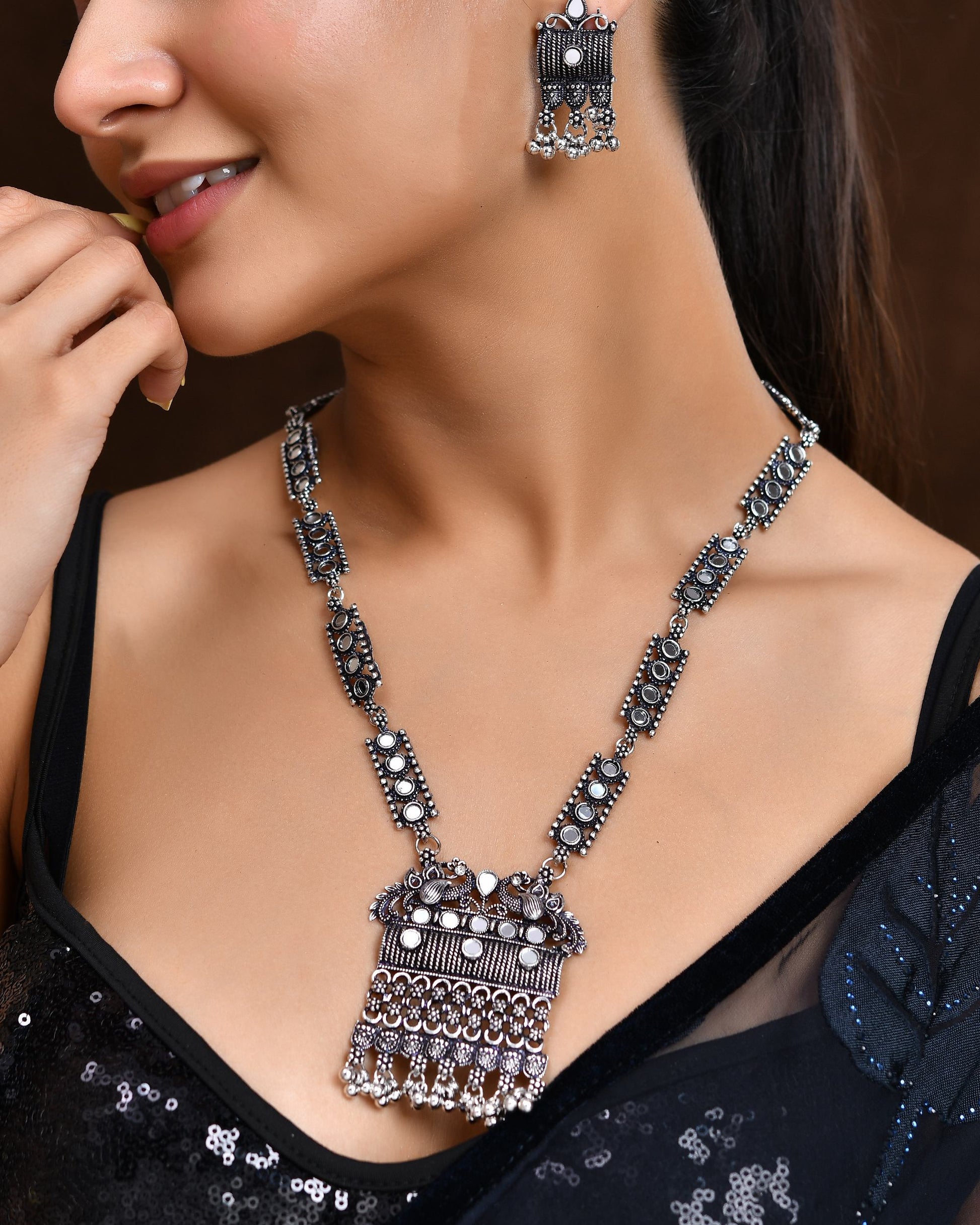 VOJ Oxidized Silver-Plated Stone-Studded Beaded Long Jewellery Set - Swadesiicart