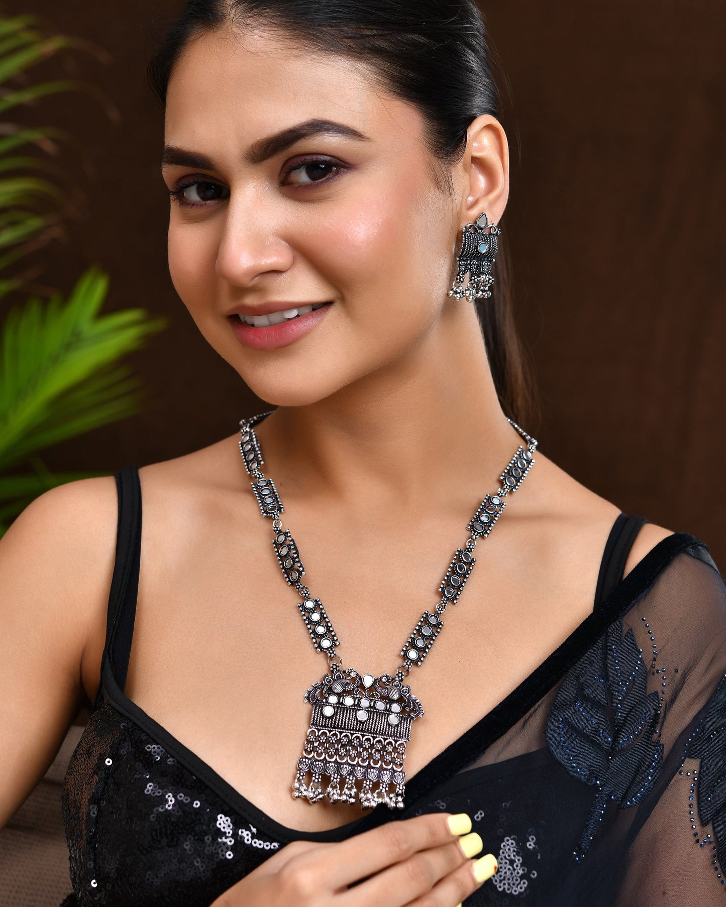 VOJ Oxidized Silver-Plated Stone-Studded Beaded Long Jewellery Set - Swadesiicart