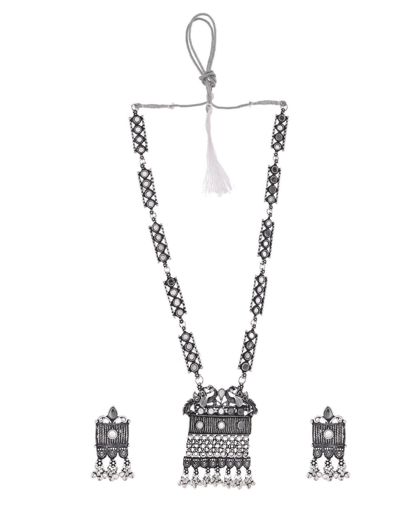 VOJ Oxidized Silver-Plated Stone-Studded Beaded Long Jewellery Set - Swadesiicart