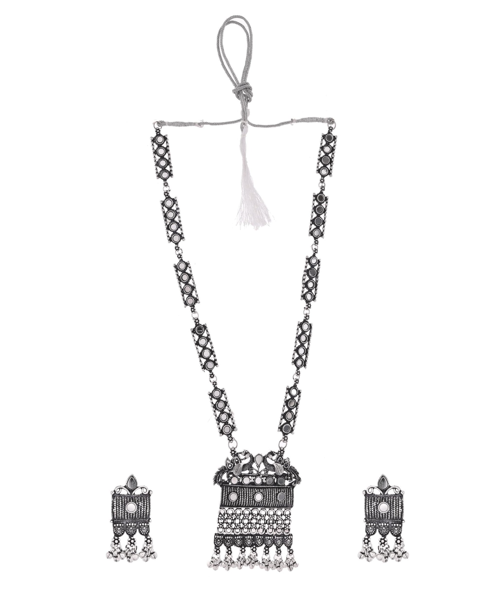 VOJ Oxidized Silver-Plated Stone-Studded Beaded Long Jewellery Set - Swadesiicart