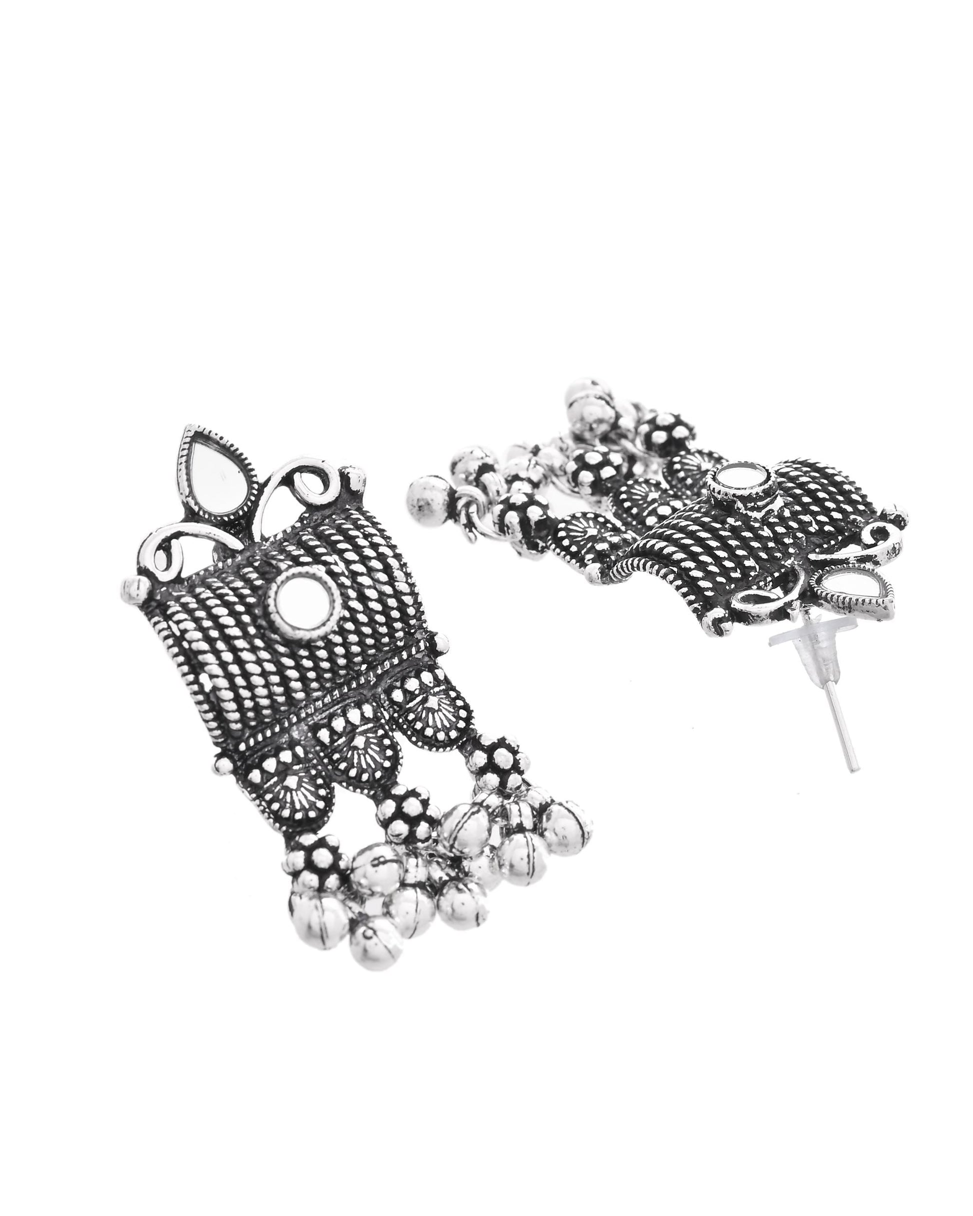 VOJ Oxidized Silver-Plated Stone-Studded Beaded Long Jewellery Set - Swadesiicart