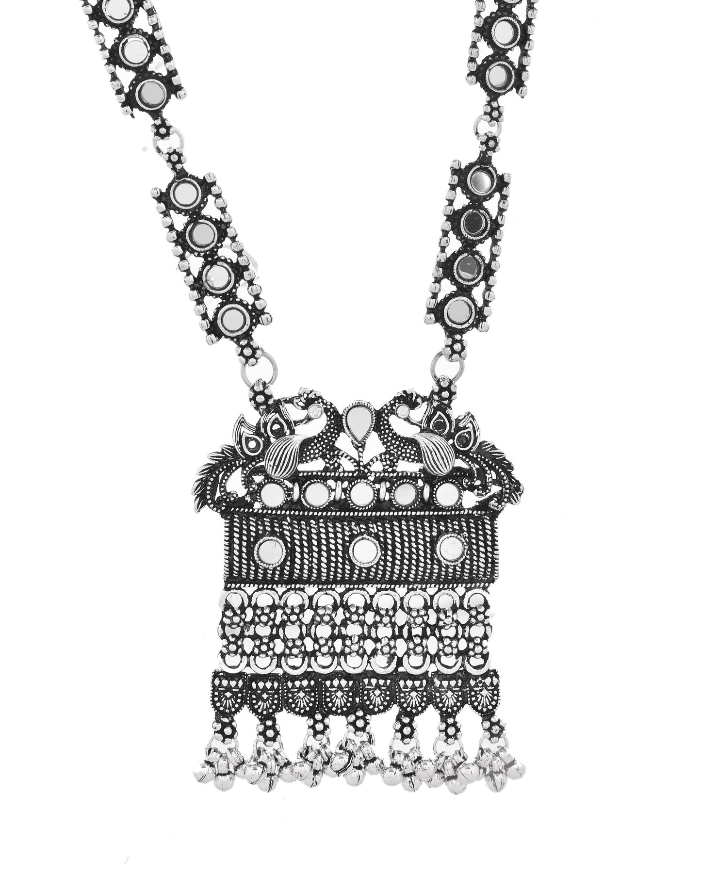 VOJ Oxidized Silver-Plated Stone-Studded Beaded Long Jewellery Set - Swadesiicart