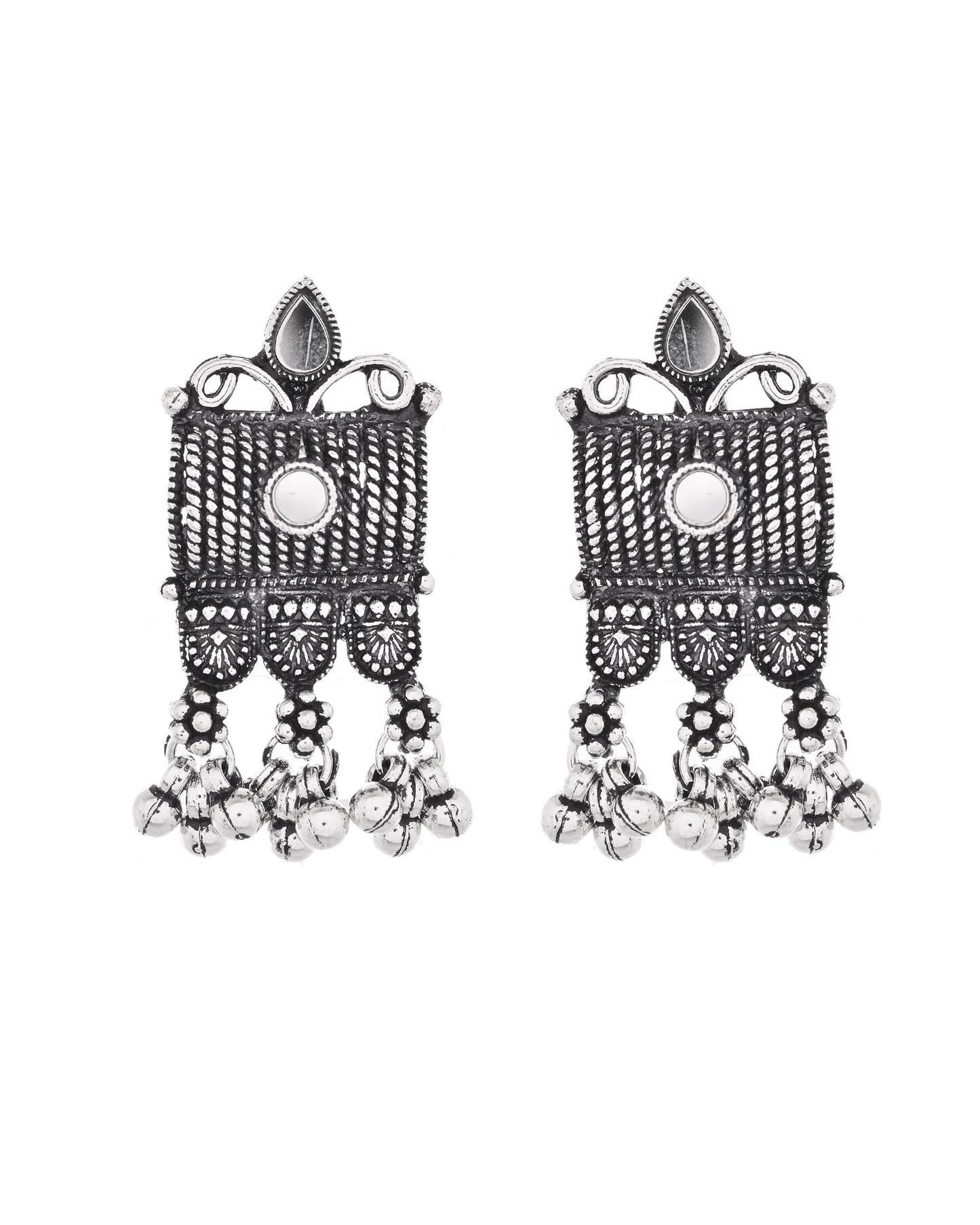 VOJ Oxidized Silver-Plated Stone-Studded Beaded Long Jewellery Set - Swadesiicart