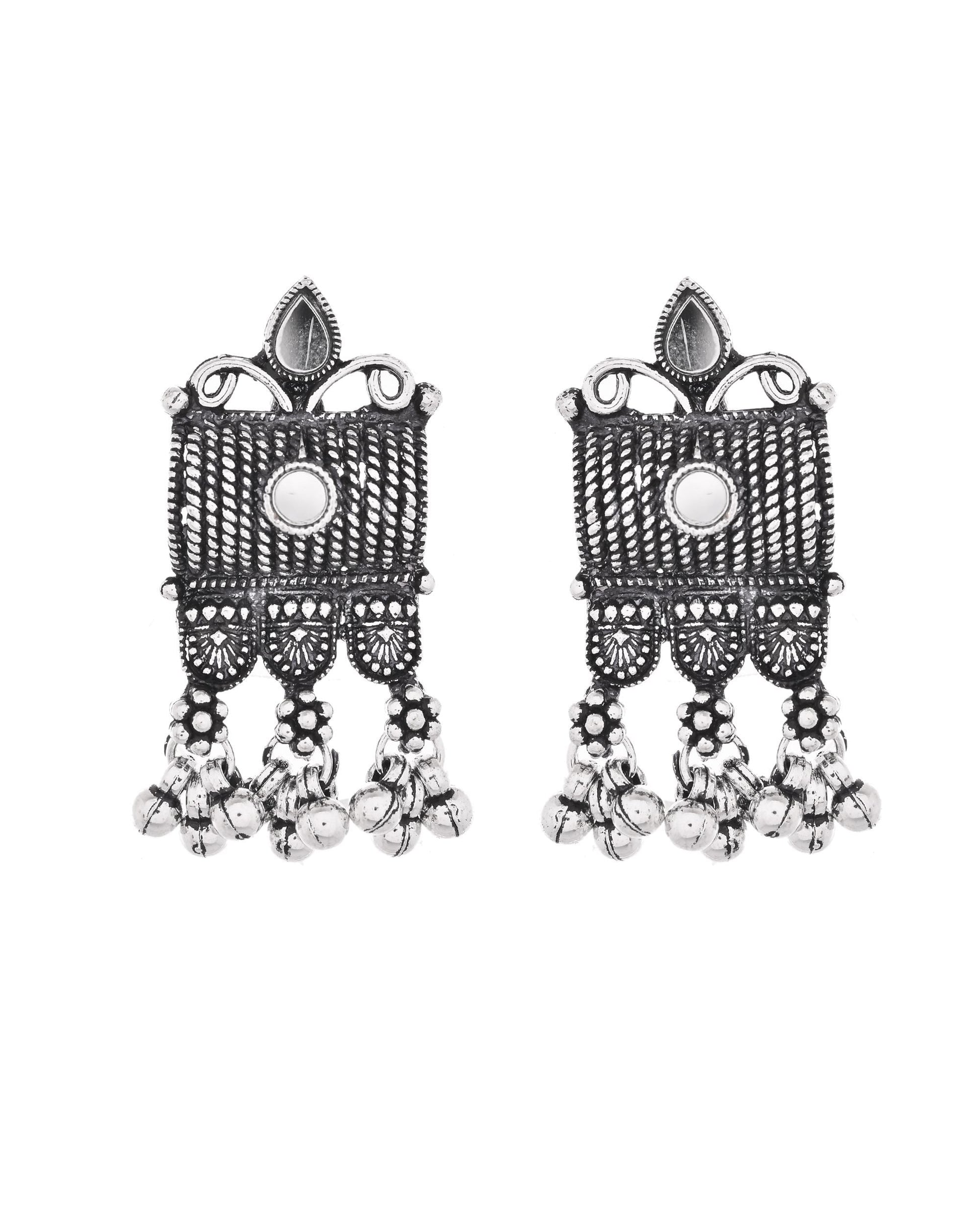 VOJ Oxidized Silver-Plated Stone-Studded Beaded Long Jewellery Set - Swadesiicart