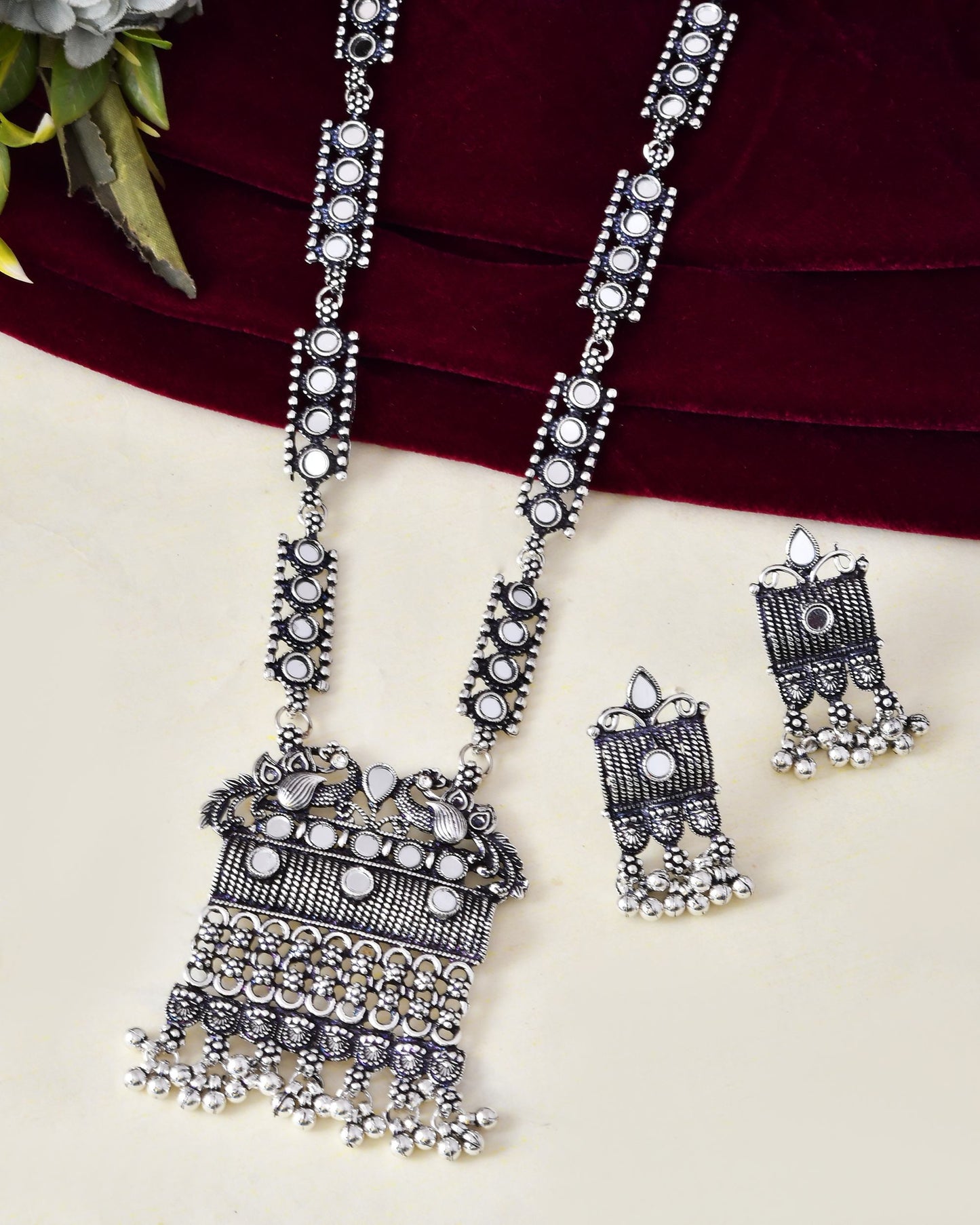 VOJ Oxidized Silver-Plated Stone-Studded Beaded Long Jewellery Set - Swadesiicart